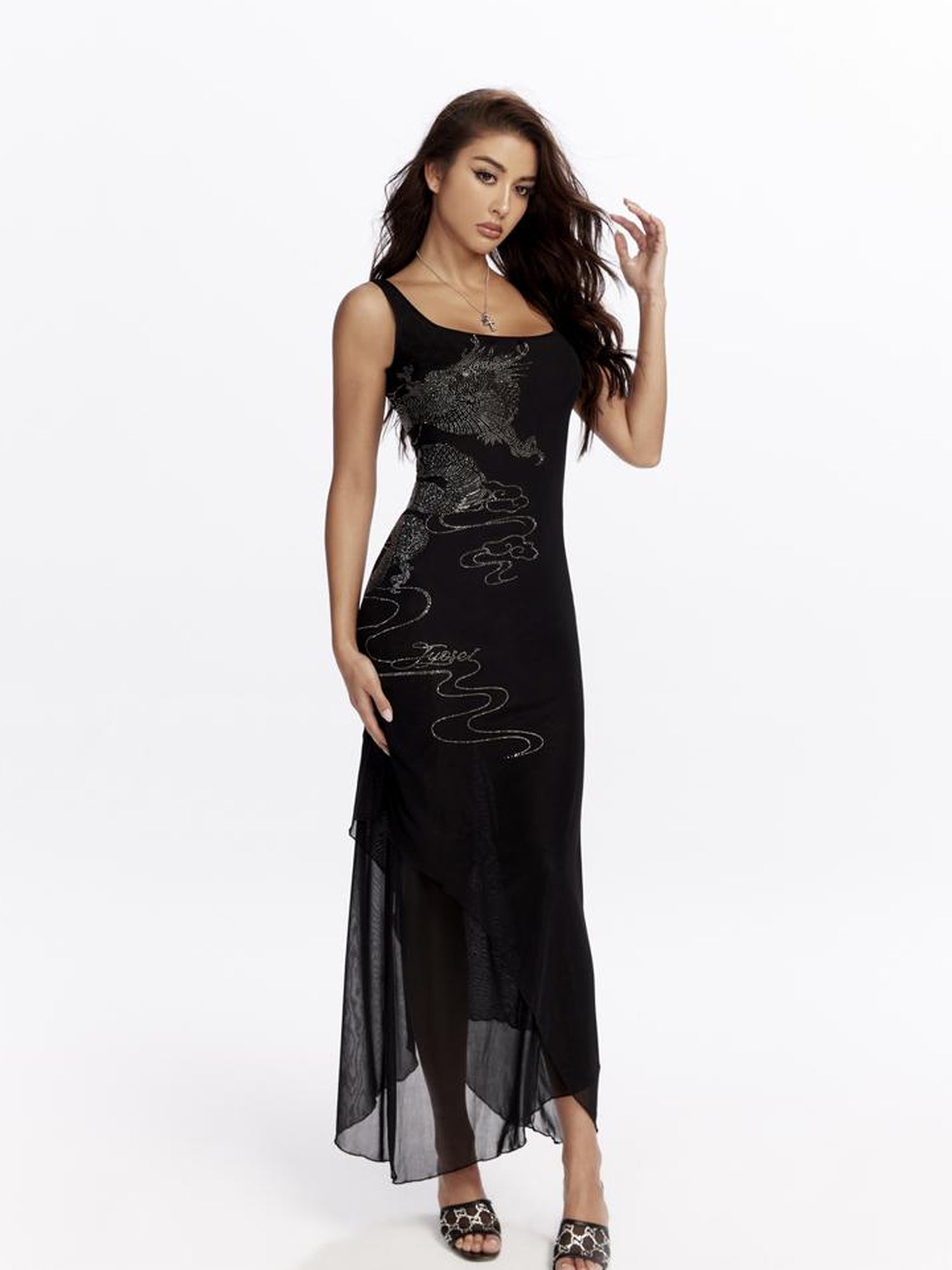 JYOSEI Dragon Embroidered Black Mesh Maxi Dress with Crystal
