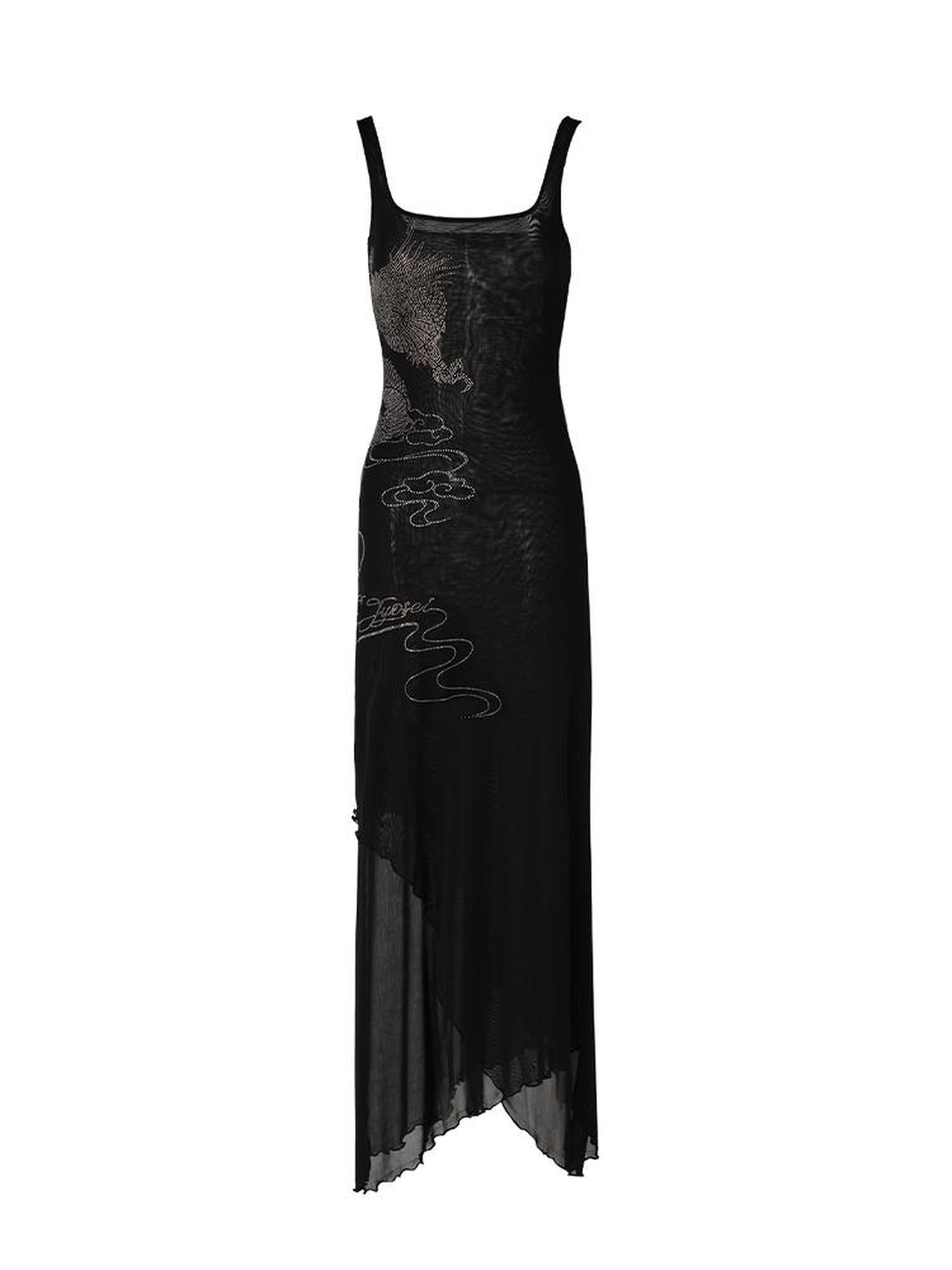JYOSEI Dragon Embroidered Black Mesh Maxi Dress with Crystal