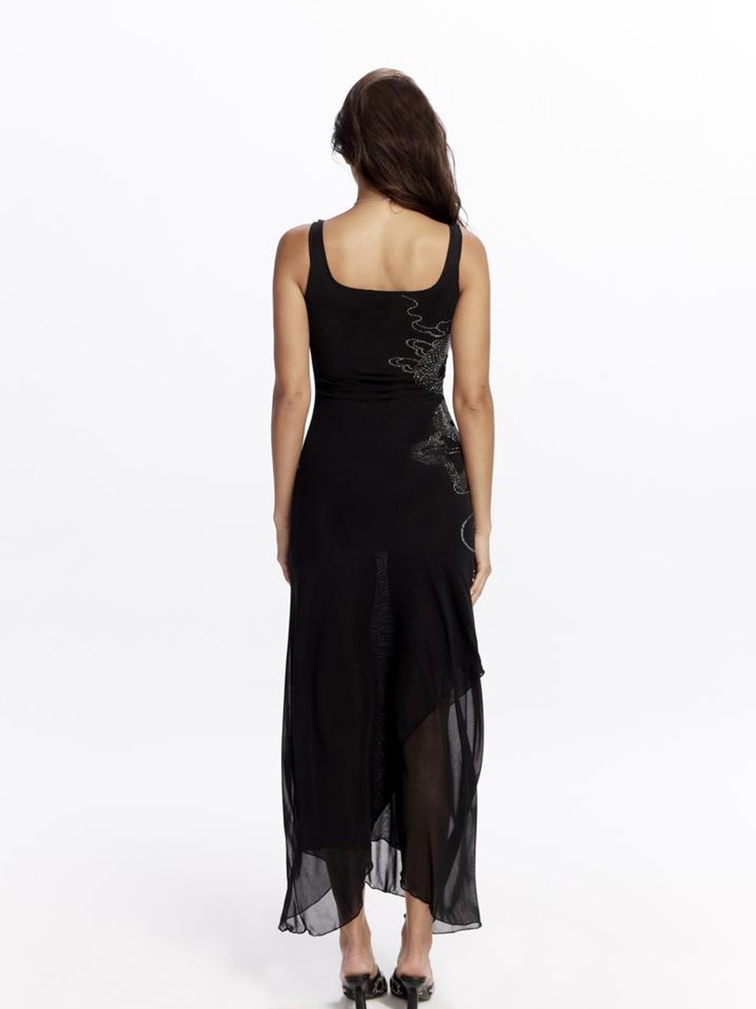 JYOSEI Dragon Embroidered Black Mesh Maxi Dress with Crystal