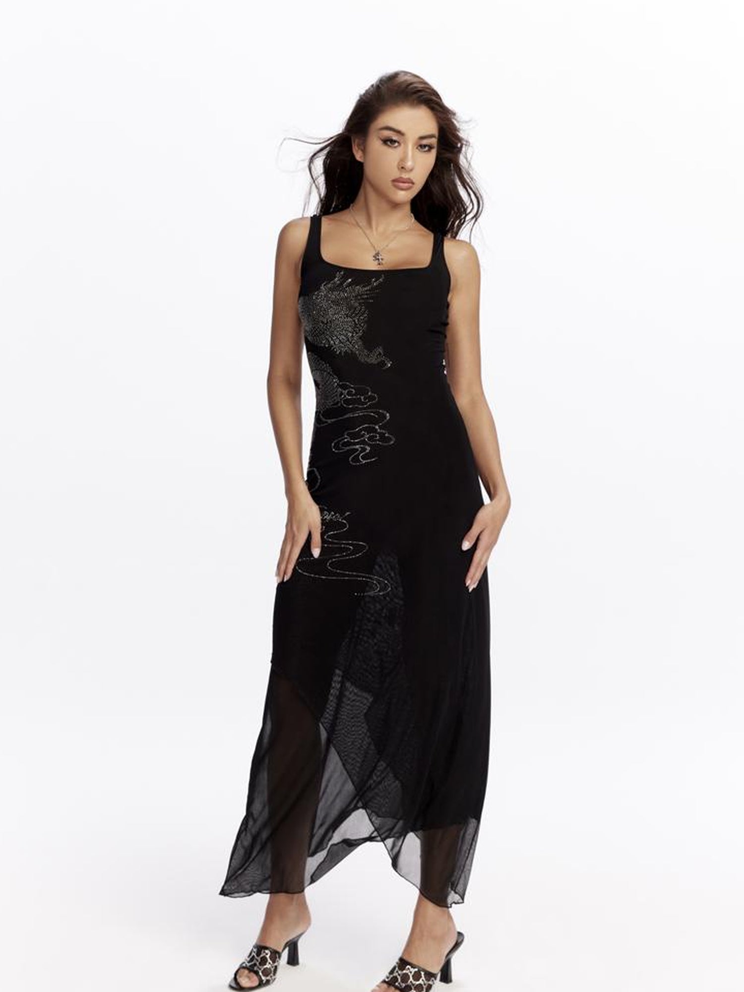 JYOSEI Dragon Embroidered Black Mesh Maxi Dress with Crystal