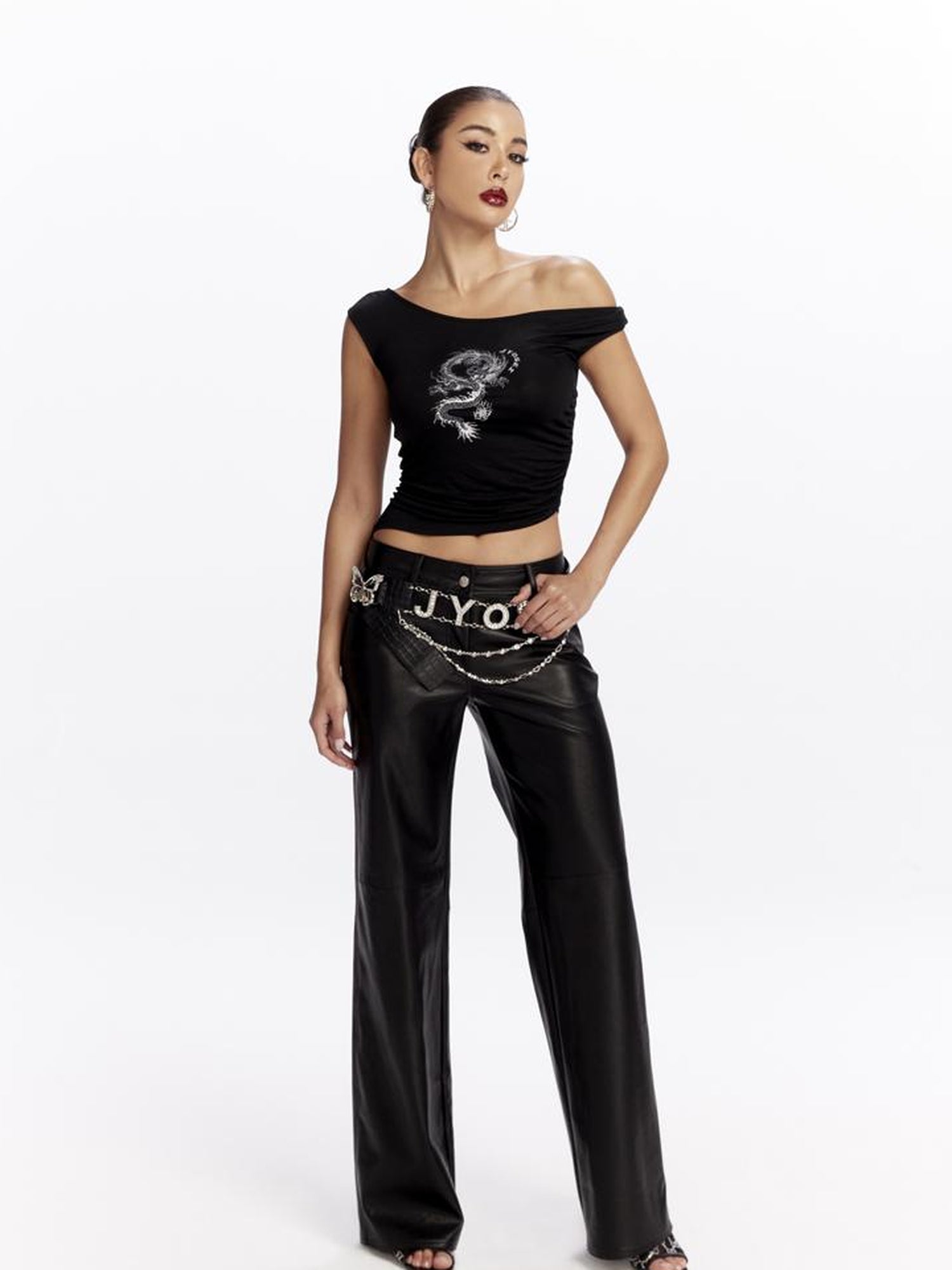 JYOSEI Dragon Print Asymmetrical Hem T Shirt