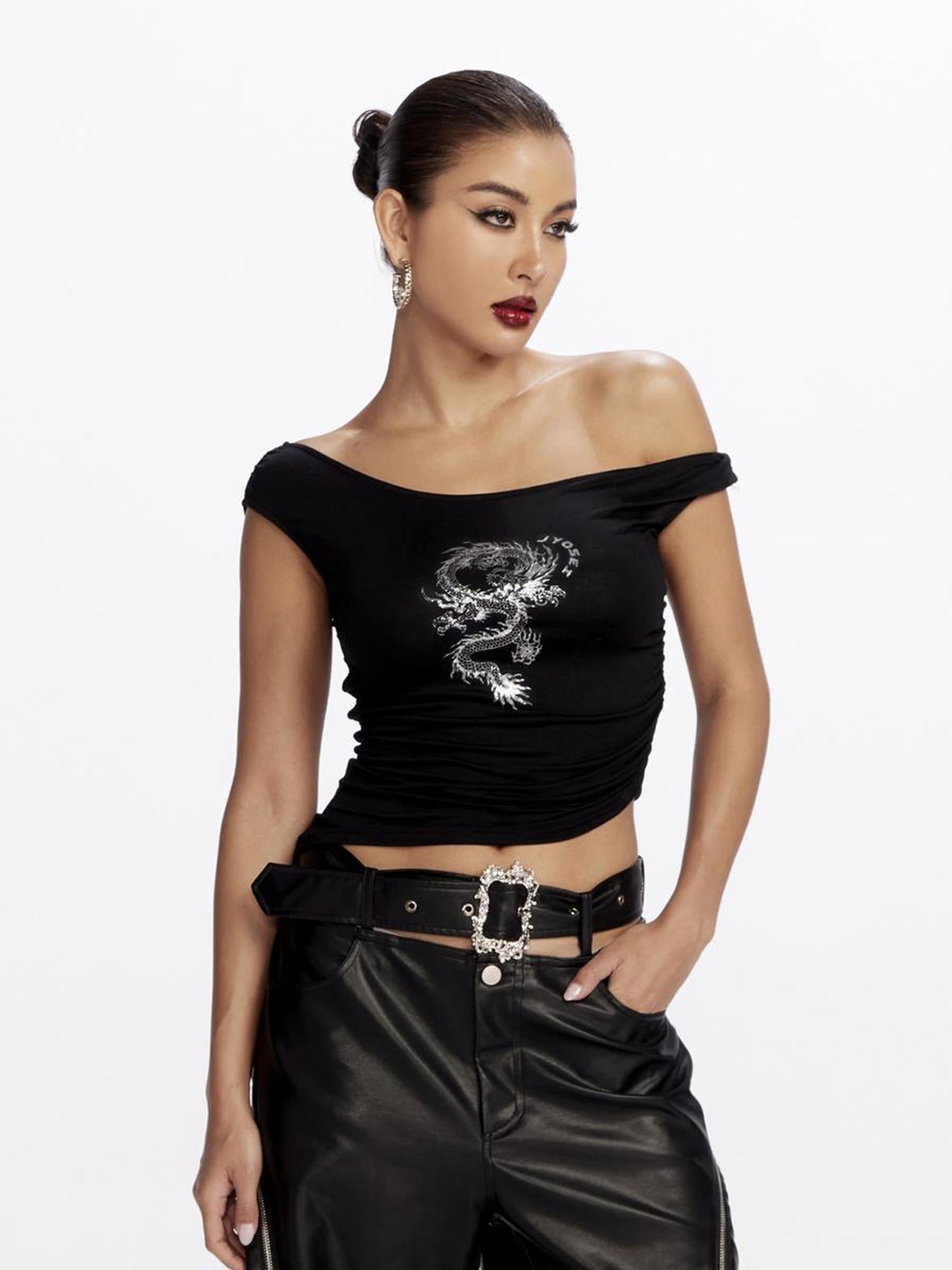 JYOSEI Dragon Print Asymmetrical Hem T Shirt