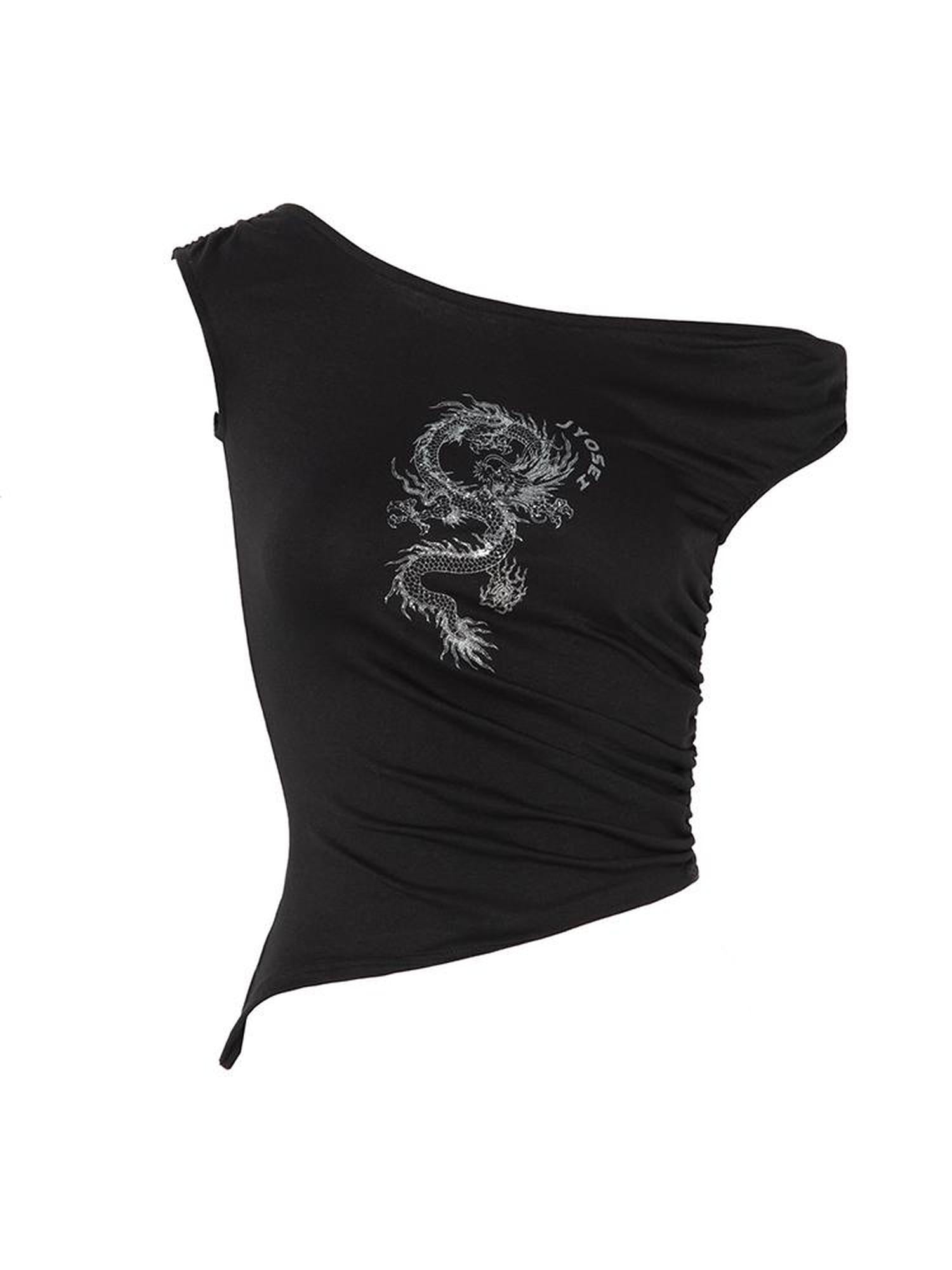 JYOSEI Dragon Print Asymmetrical Hem T Shirt