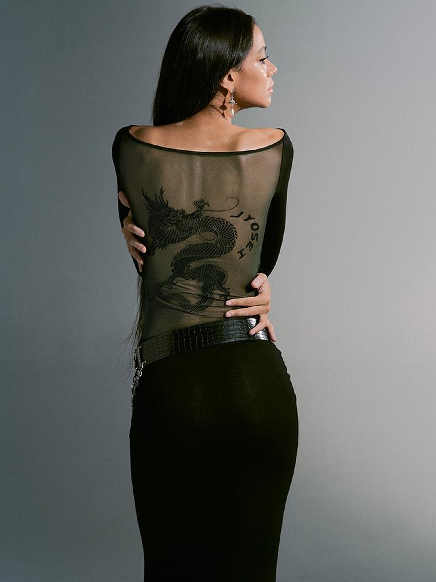 JYOSEI Dragon Print Mesh Panel Bodycon Maxi Dress