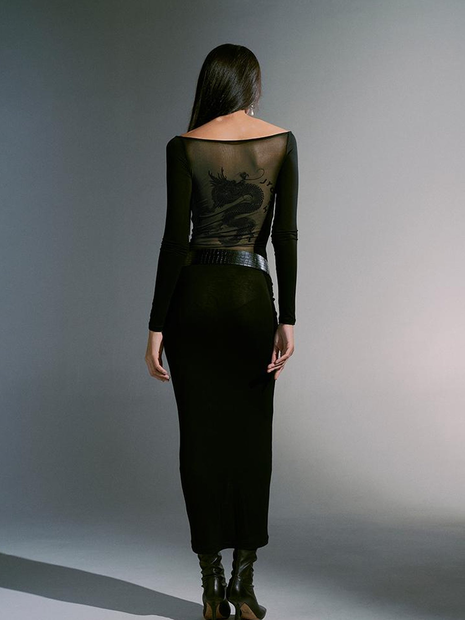 JYOSEI Dragon Print Mesh Panel Bodycon Maxi Dress