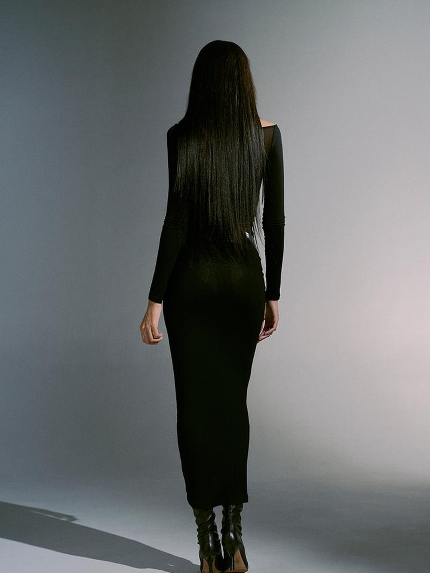 JYOSEI Dragon Print Mesh Panel Bodycon Maxi Dress