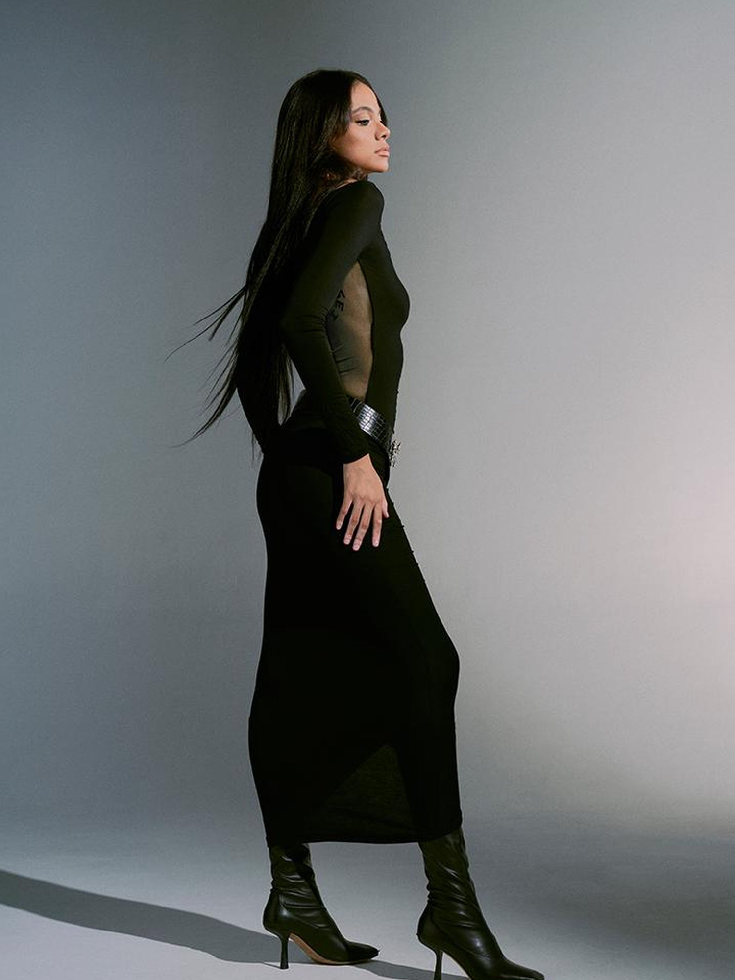 JYOSEI Dragon Print Mesh Panel Bodycon Maxi Dress