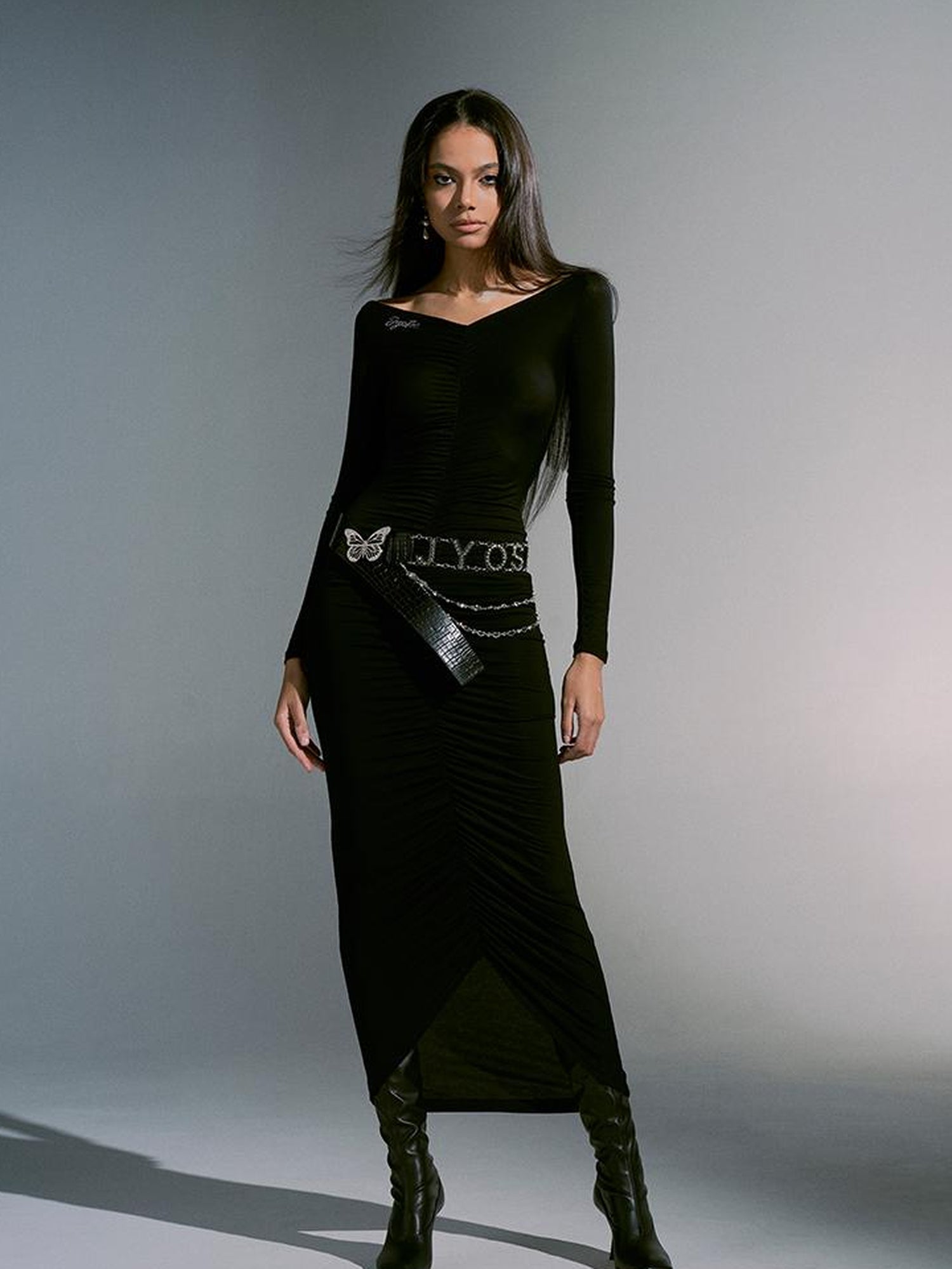 JYOSEI Dragon Print Mesh Panel Bodycon Maxi Dress