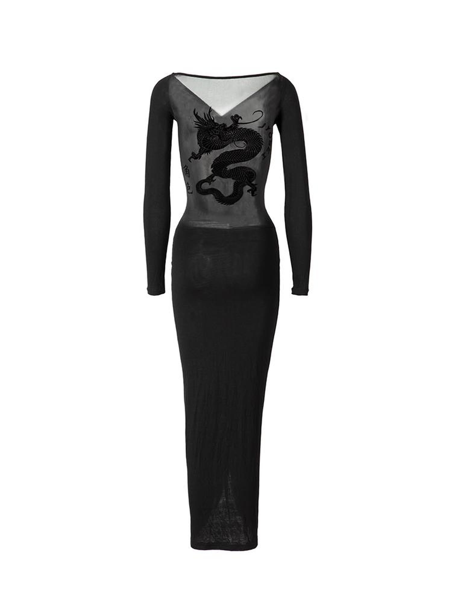 JYOSEI Dragon Print Mesh Panel Bodycon Maxi Dress