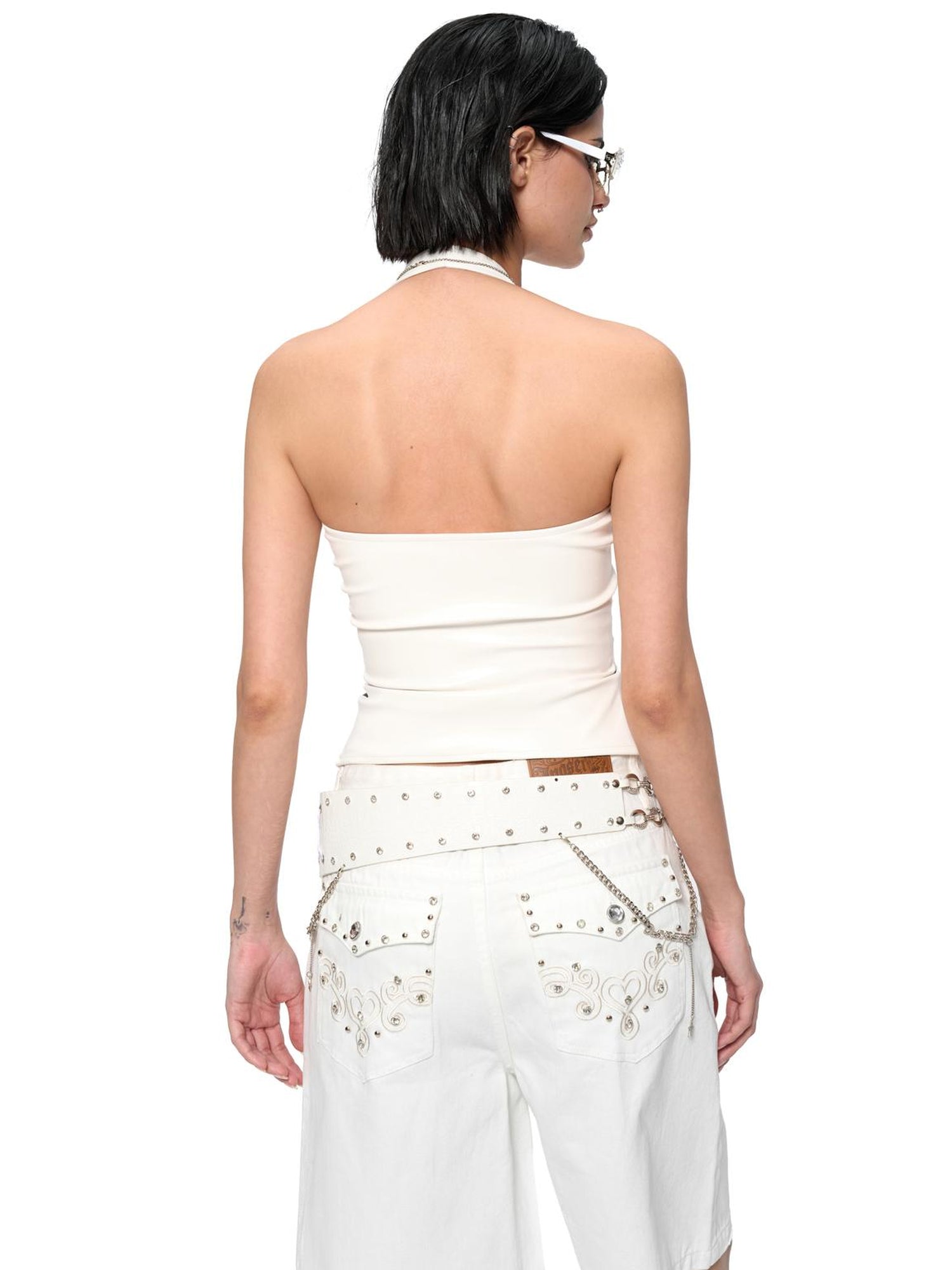 JYOSEI Embroidered Ribbon Chain Logo Rhinestone Irregular White Pu Belt
