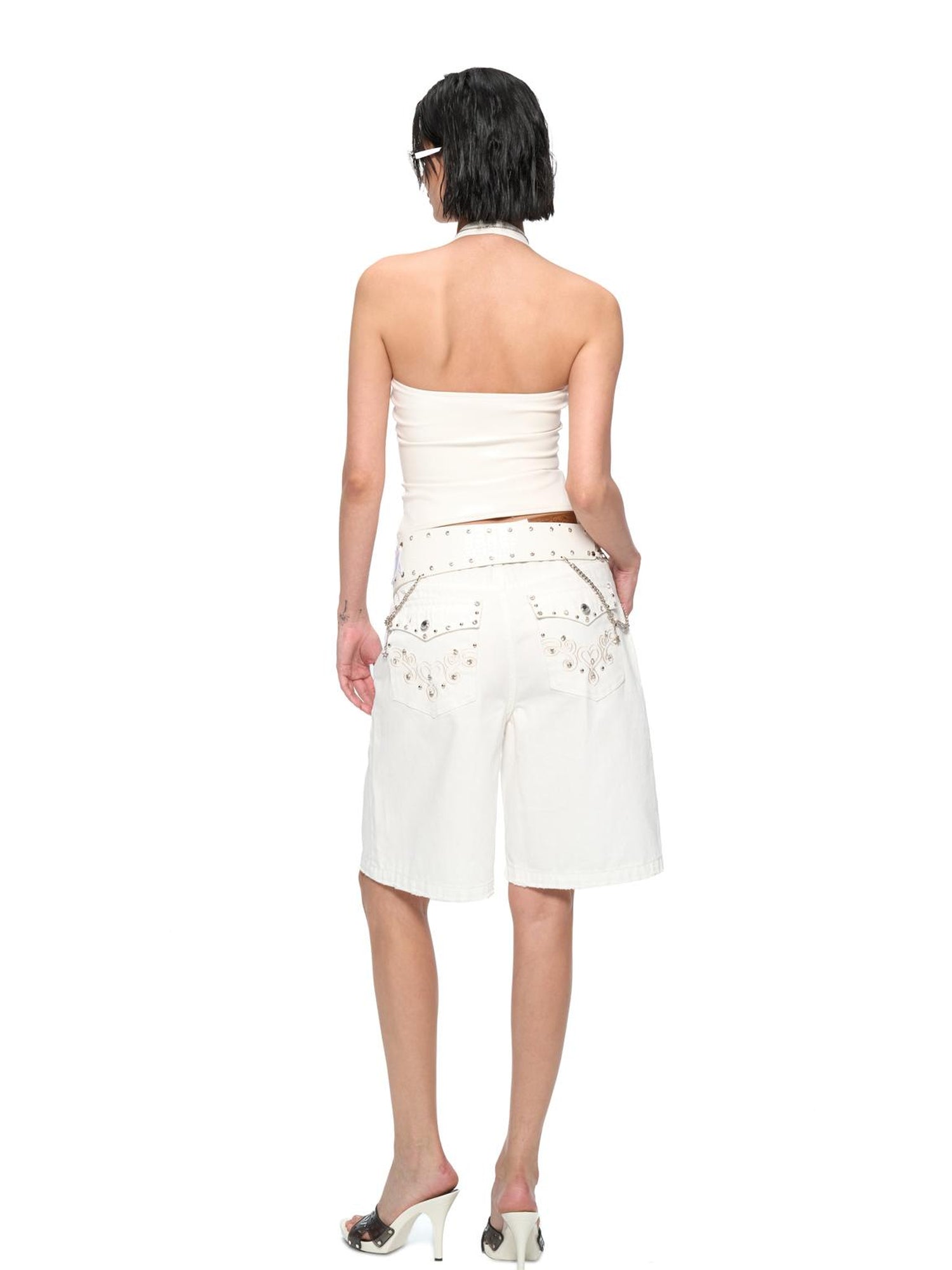 JYOSEI Embroidered Ribbon Chain Logo Rhinestone Irregular White Pu Belt