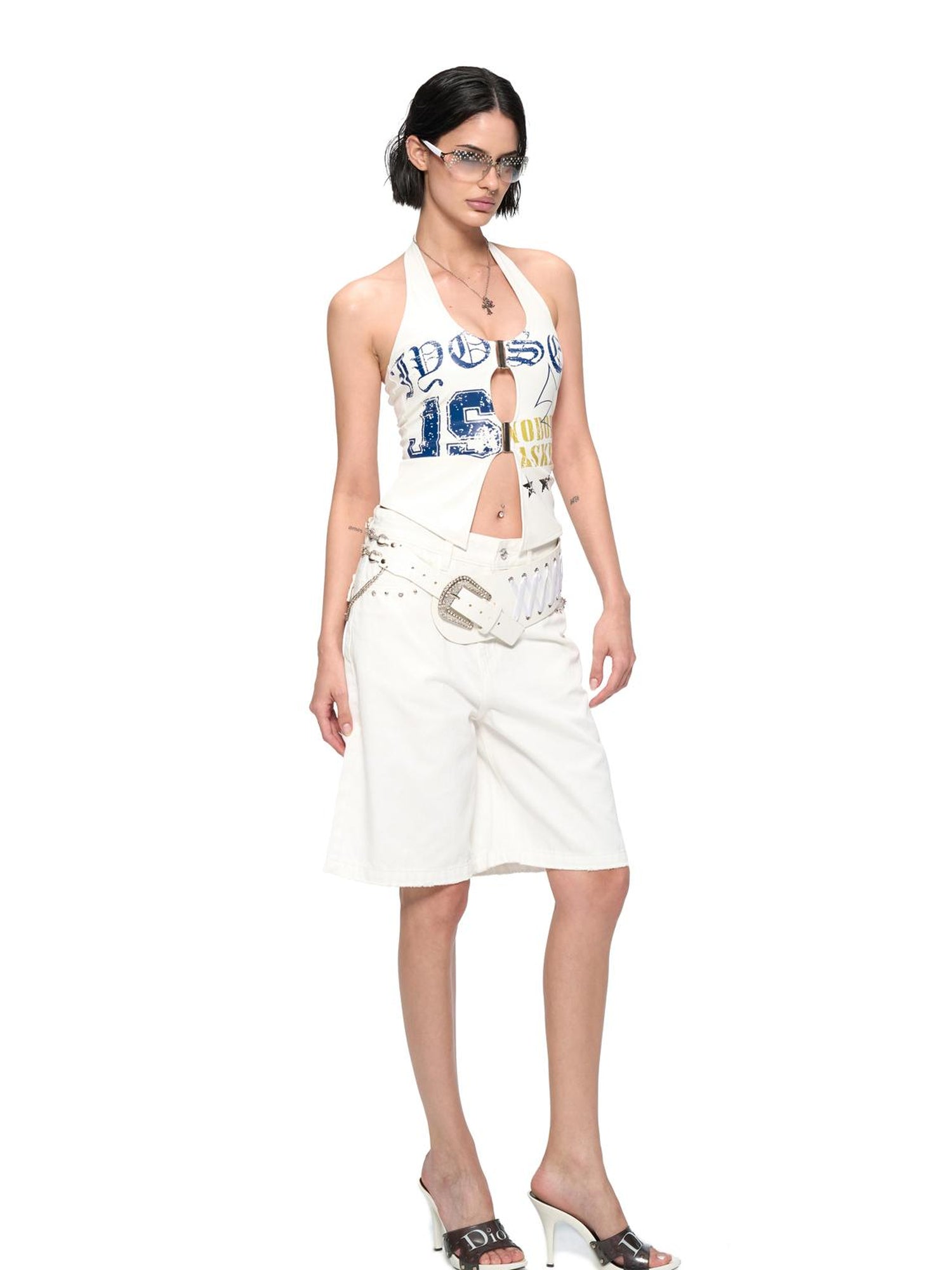 JYOSEI Embroidered Ribbon Chain Logo Rhinestone Irregular White Pu Belt