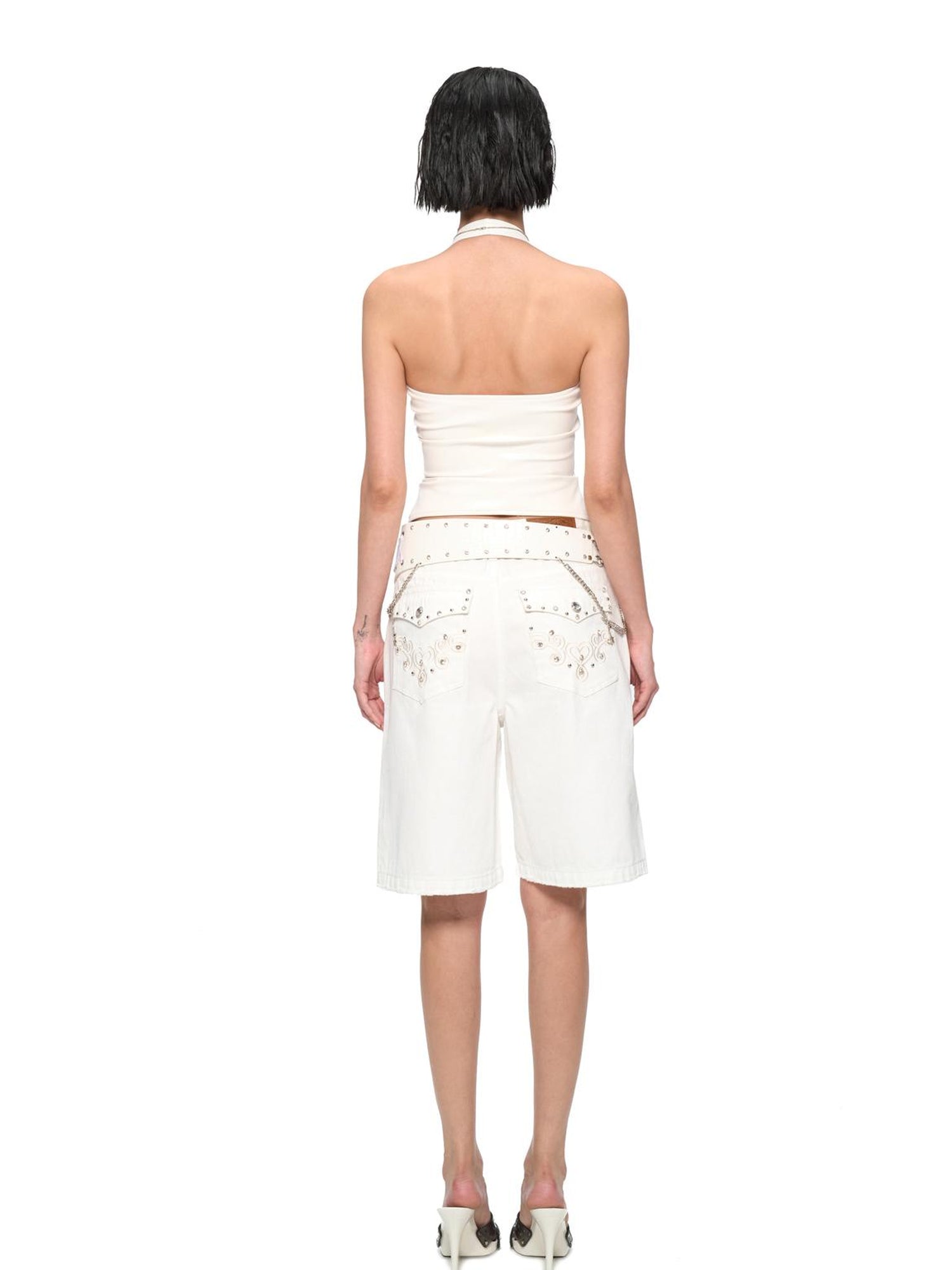 JYOSEI Embroidered Ribbon Chain Logo Rhinestone Irregular White Pu Belt