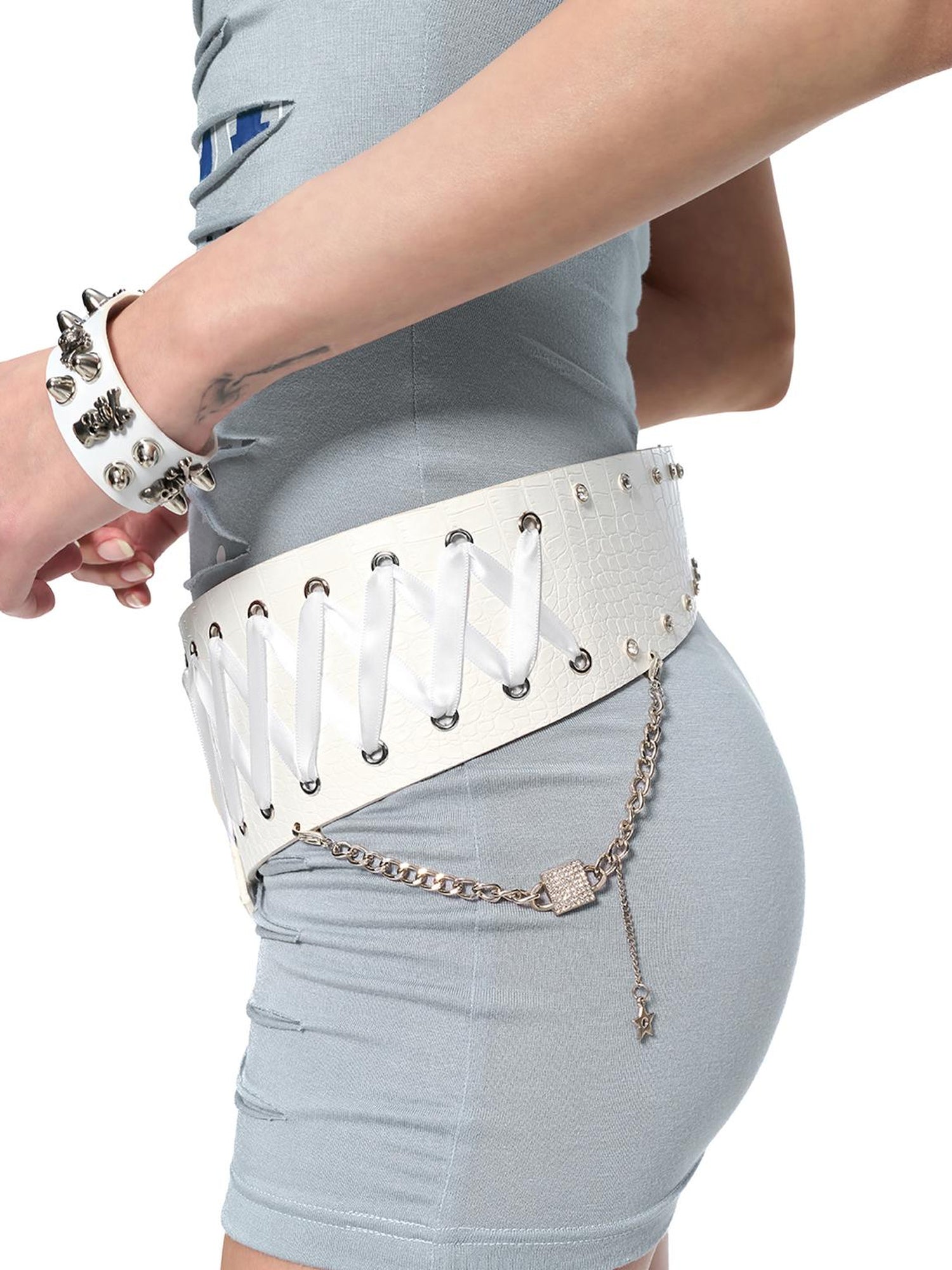 JYOSEI Embroidered Ribbon Chain Logo Rhinestone Irregular White Pu Belt