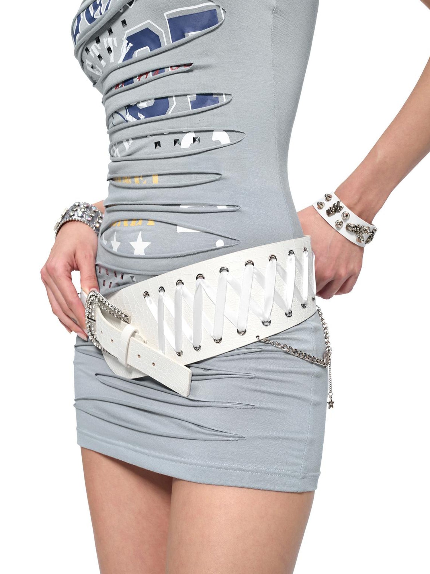 JYOSEI Embroidered Ribbon Chain Logo Rhinestone Irregular White Pu Belt