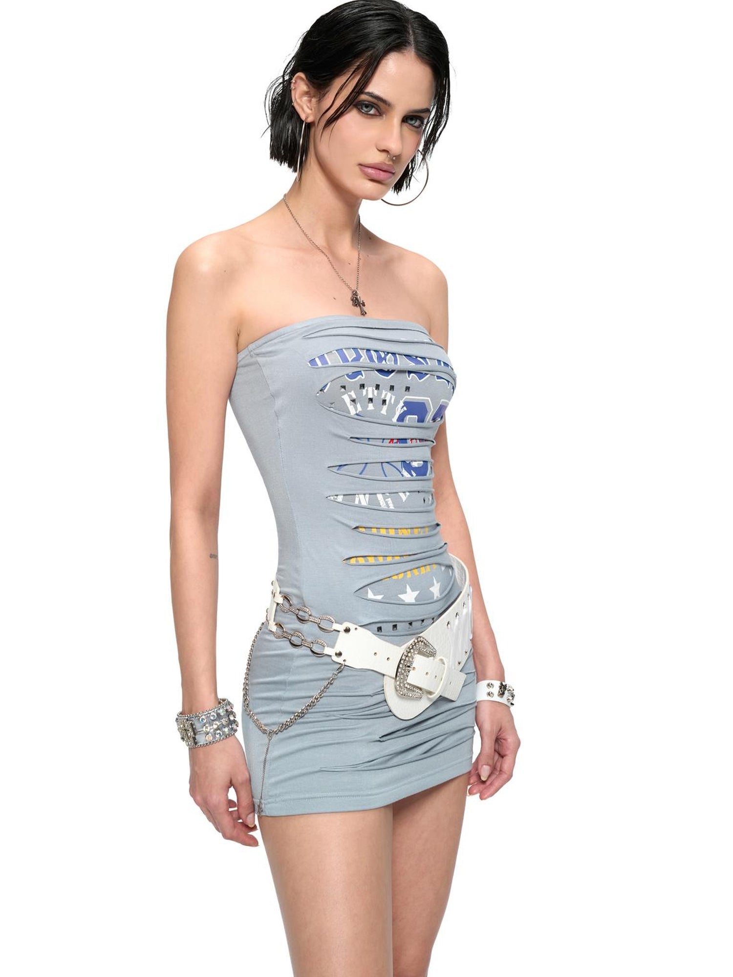 JYOSEI Embroidered Ribbon Chain Logo Rhinestone Irregular White Pu Belt