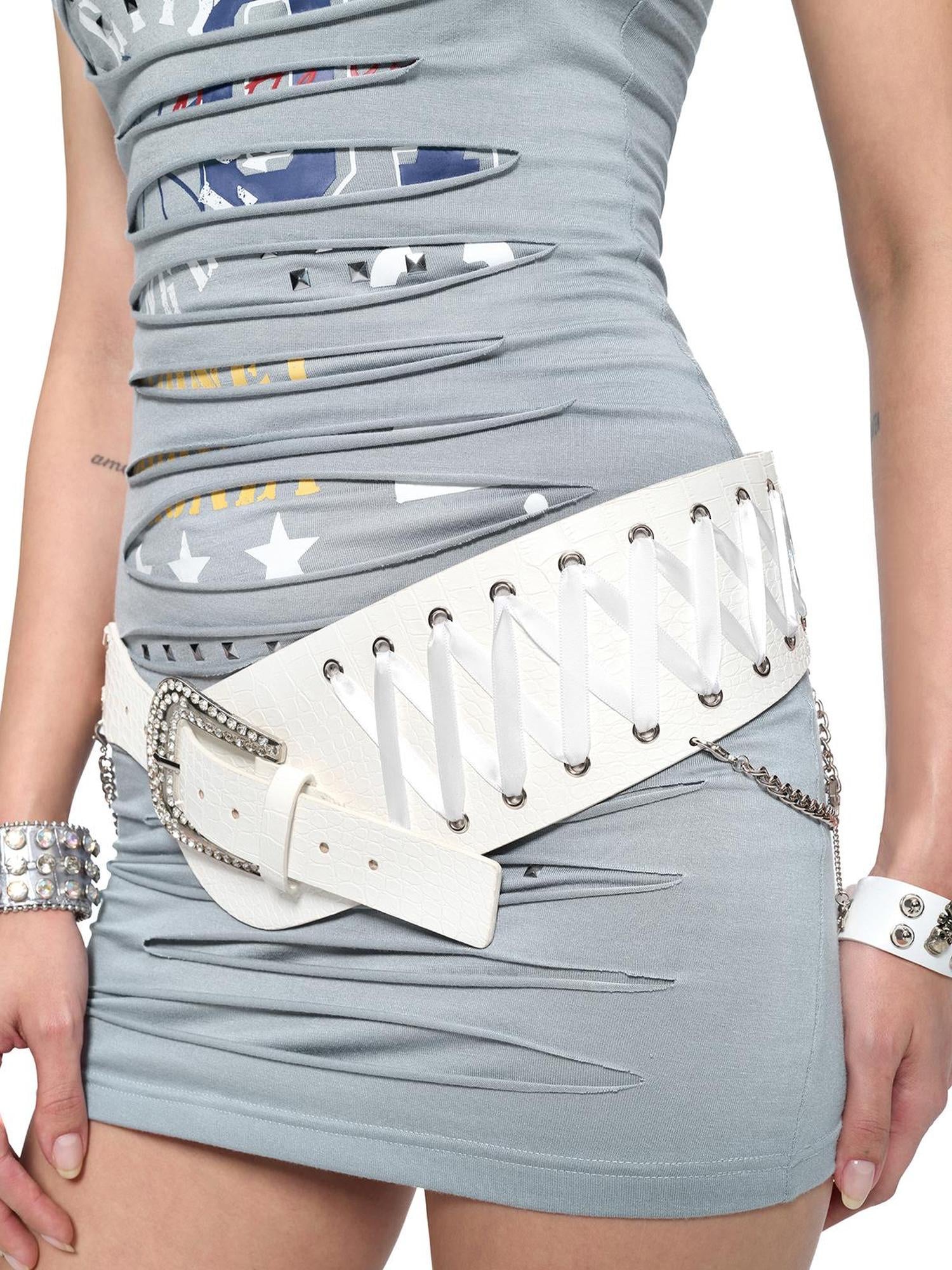 JYOSEI Embroidered Ribbon Chain Logo Rhinestone Irregular White Pu Belt