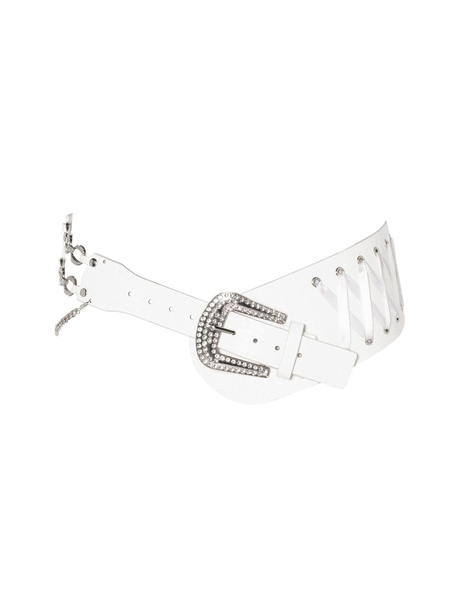 JYOSEI Embroidered Ribbon Chain Logo Rhinestone Irregular White Pu Belt
