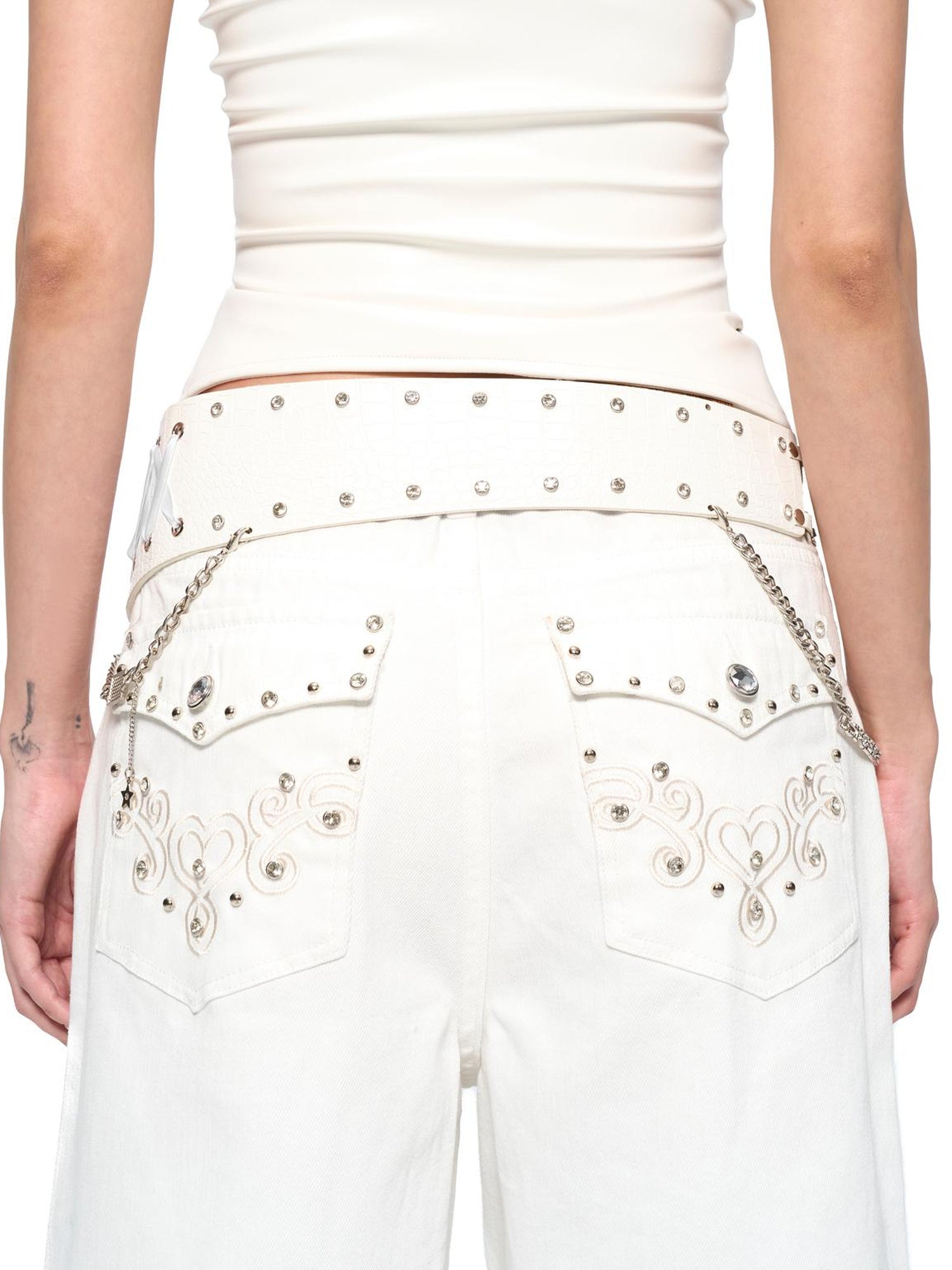 JYOSEI Embroidered Ribbon Chain Logo Rhinestone Irregular White Pu Belt