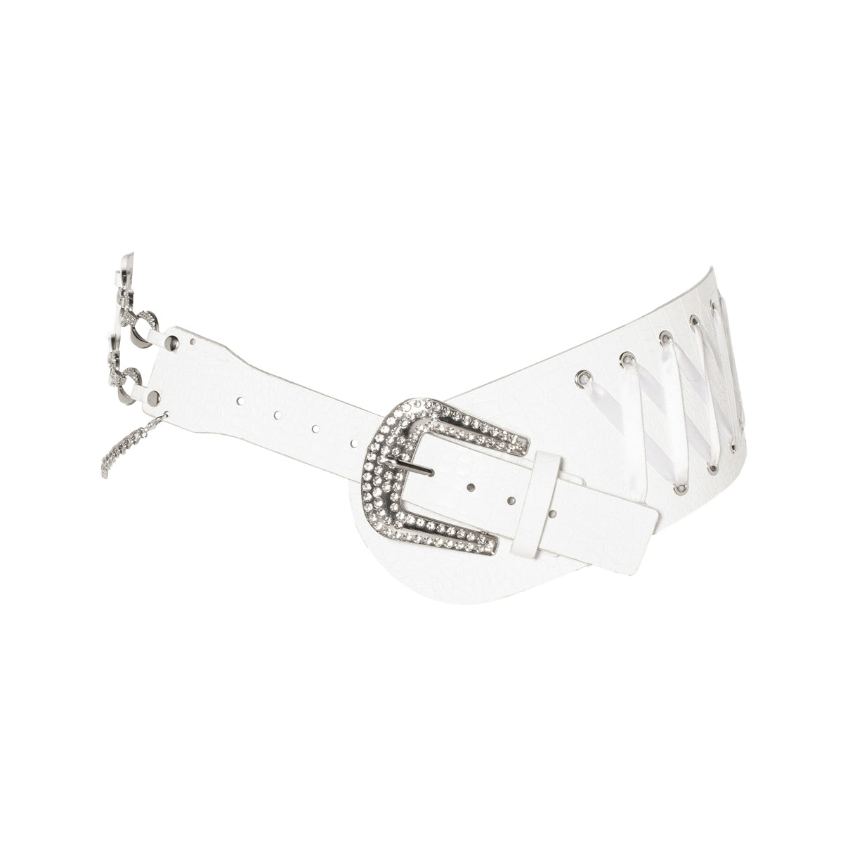 JYOSEI_Embroidered_Ribbon_Chain_Logo_Rhinestone_Irregular_White_Pu_Belt_MISSTT
