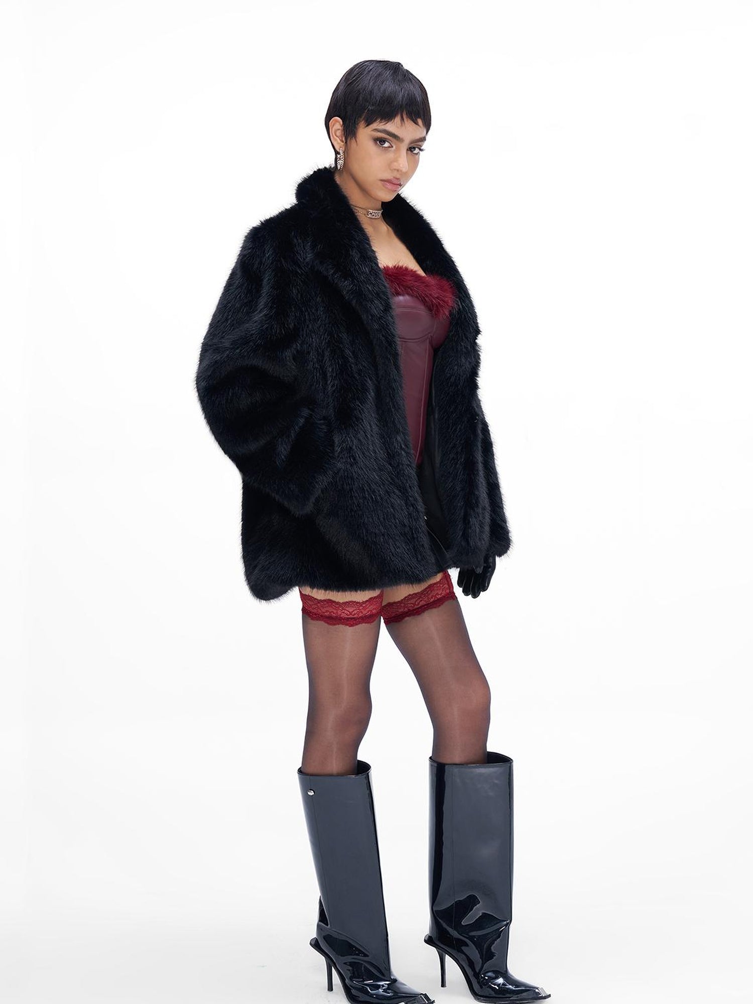 JYOSEI Faux Fox Fur Coat Loose Mid Length Warm Fluffy Jacket
