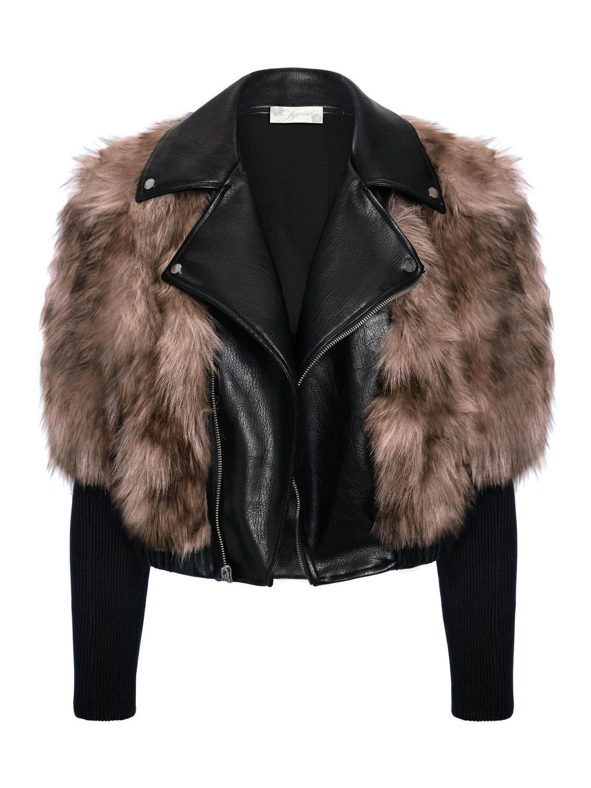 JYOSEI Faux Fur Paneled Lapel Cropped Black Women&