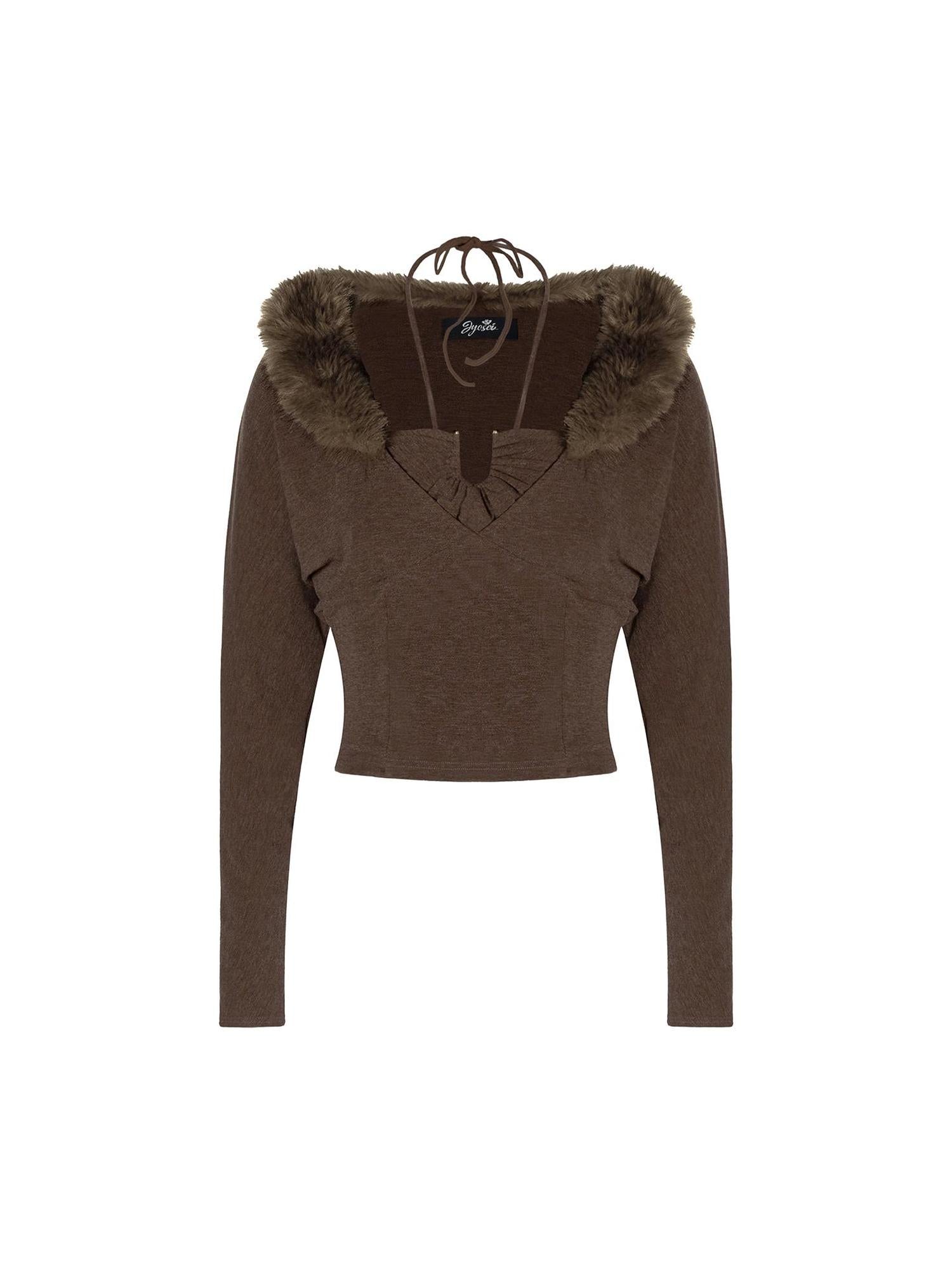 JYOSEI Fitted Knit Top With Detachable Fur Collar