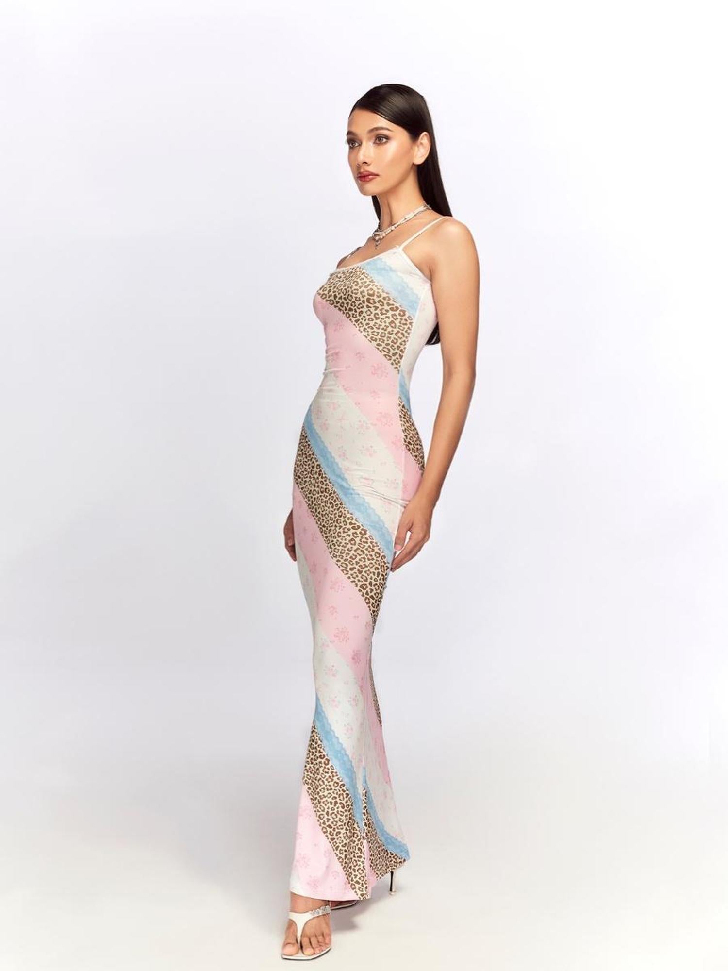 JYOSEI Floral Lace Trimmed Slip Dress with Leopard Print