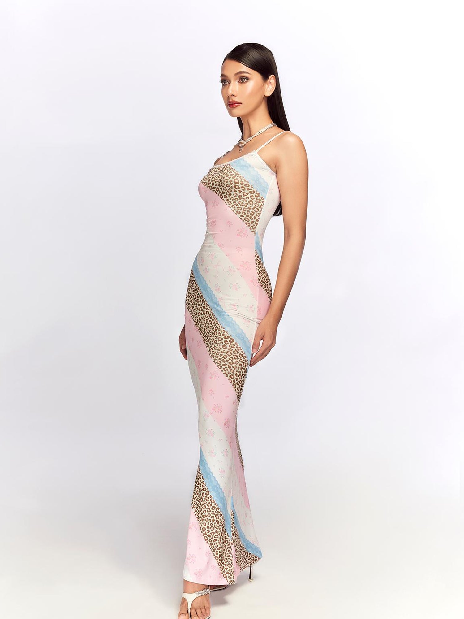 JYOSEI Floral Lace Trimmed Slip Dress with Leopard Print