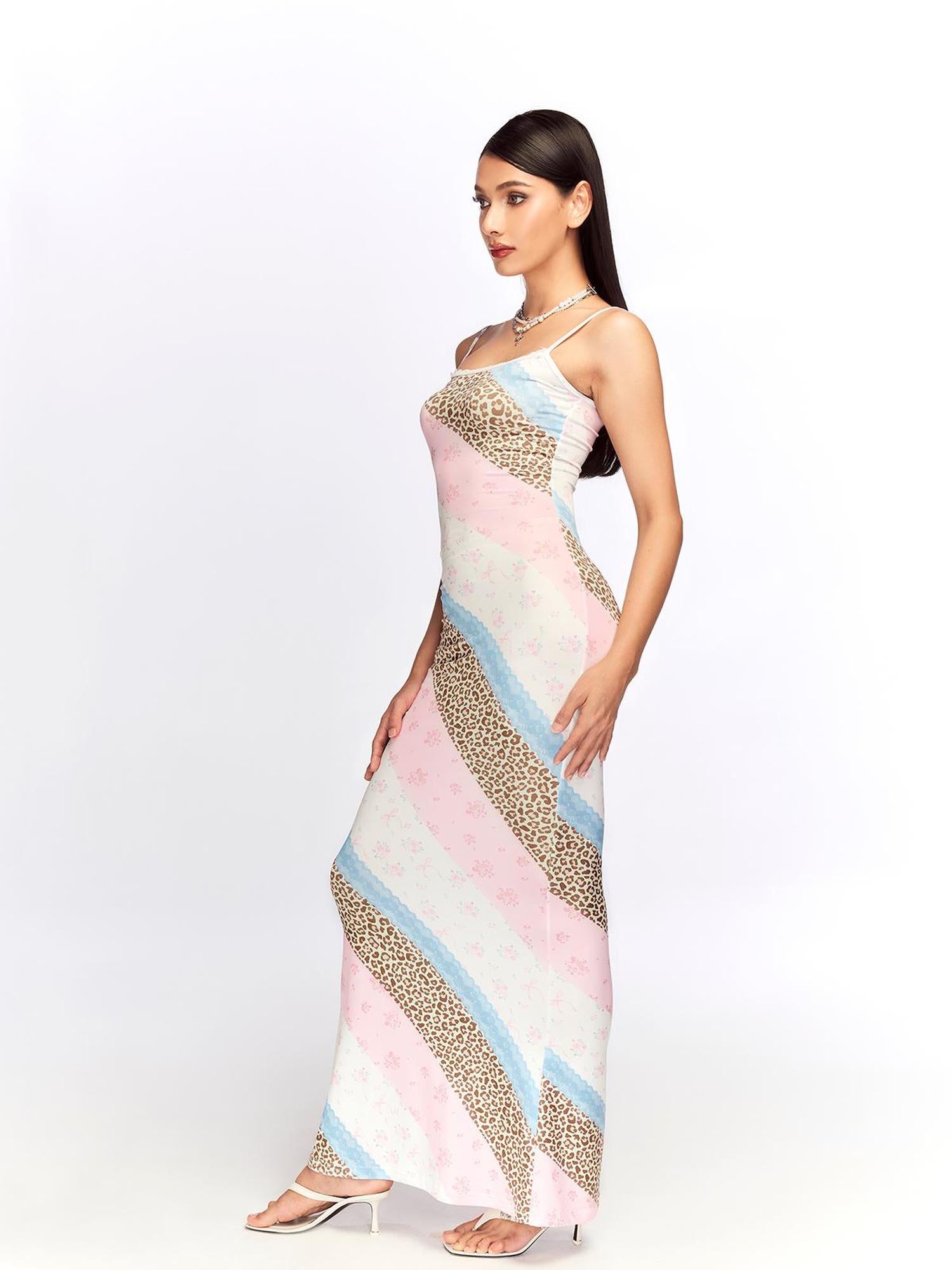 JYOSEI Floral Lace Trimmed Slip Dress with Leopard Print