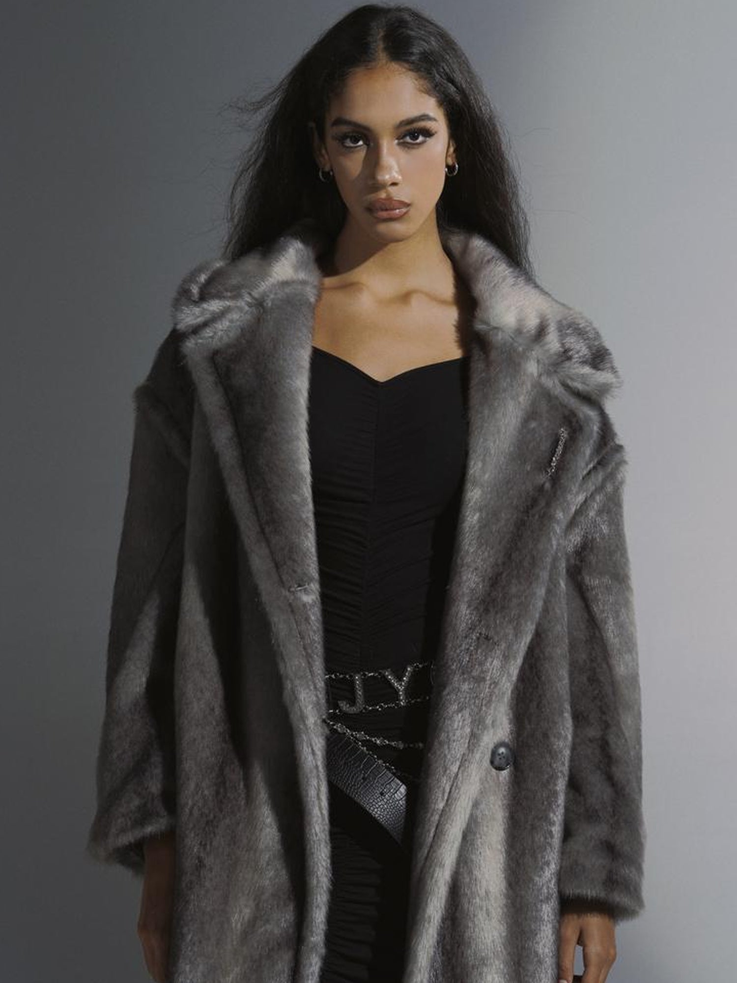 JYOSEI Gradient Gray Long Faux Fur Coat Women Winter Oversized Jacket