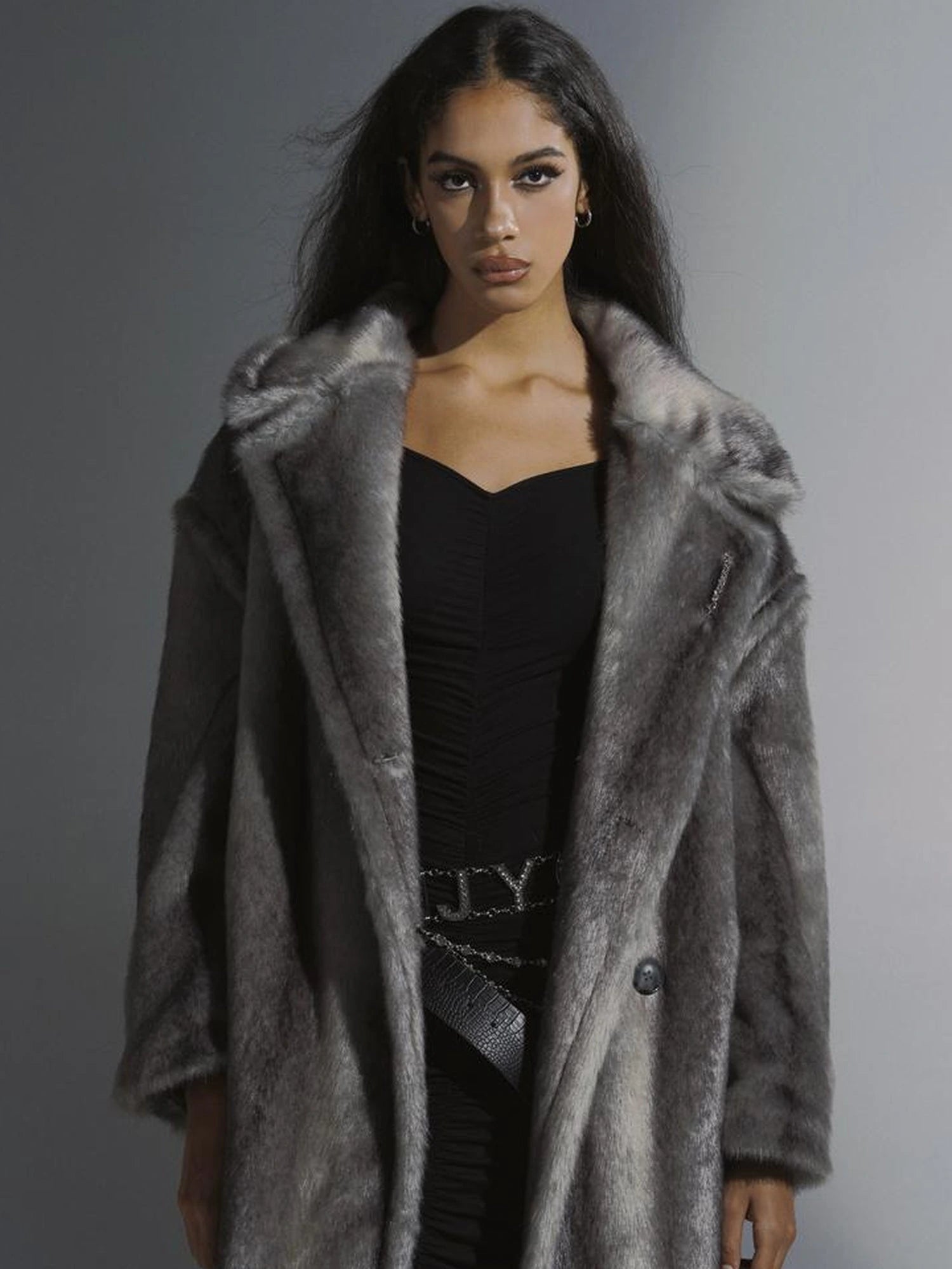 Gradient Gray Long Faux Fur Coat Women Winter Oversized Jacket