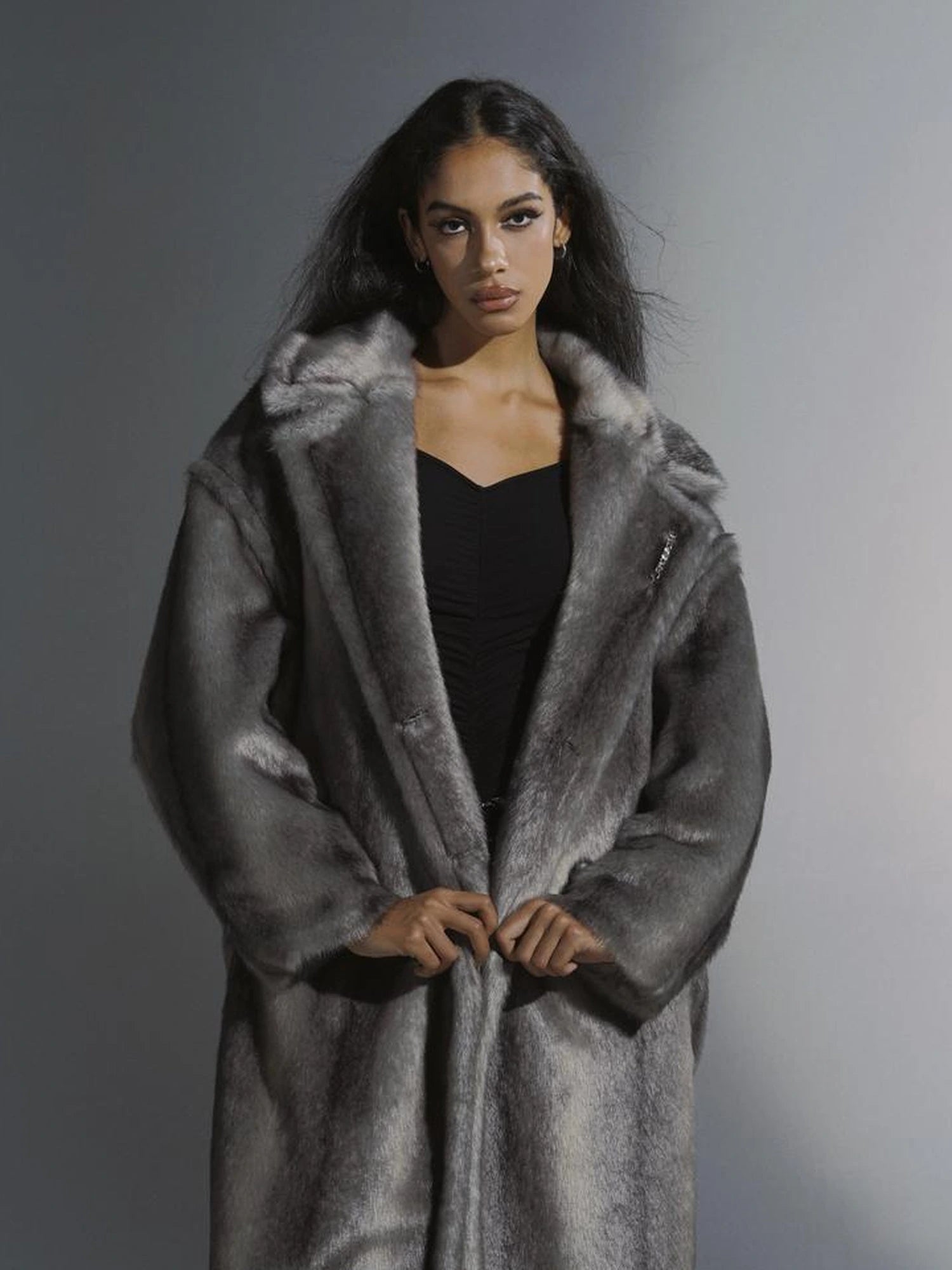Gradient Gray Long Faux Fur Coat Women Winter Oversized Jacket