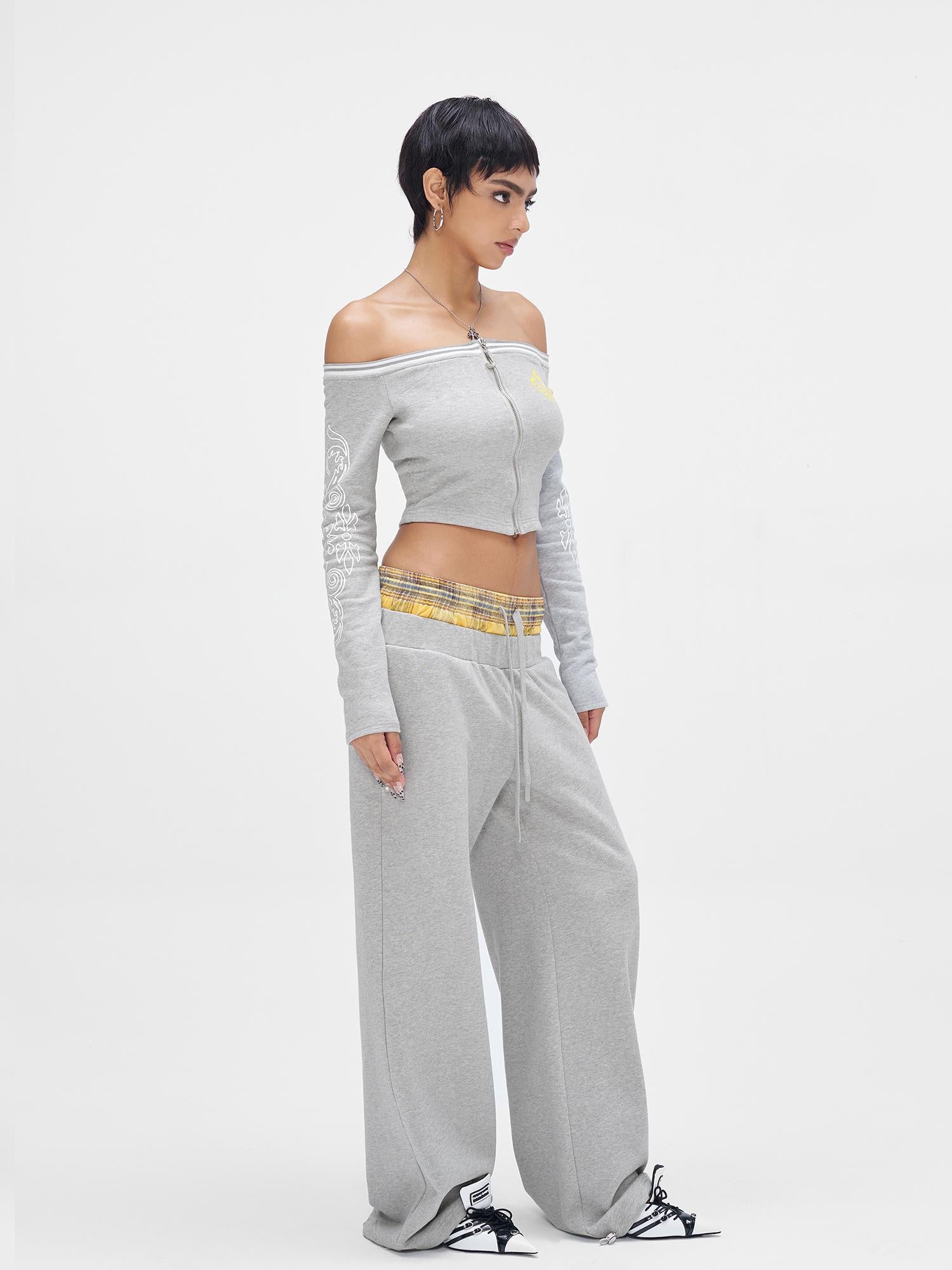 JYOSEI Gray Print Drop Shoulder Hoodie Sagging Jogger Set