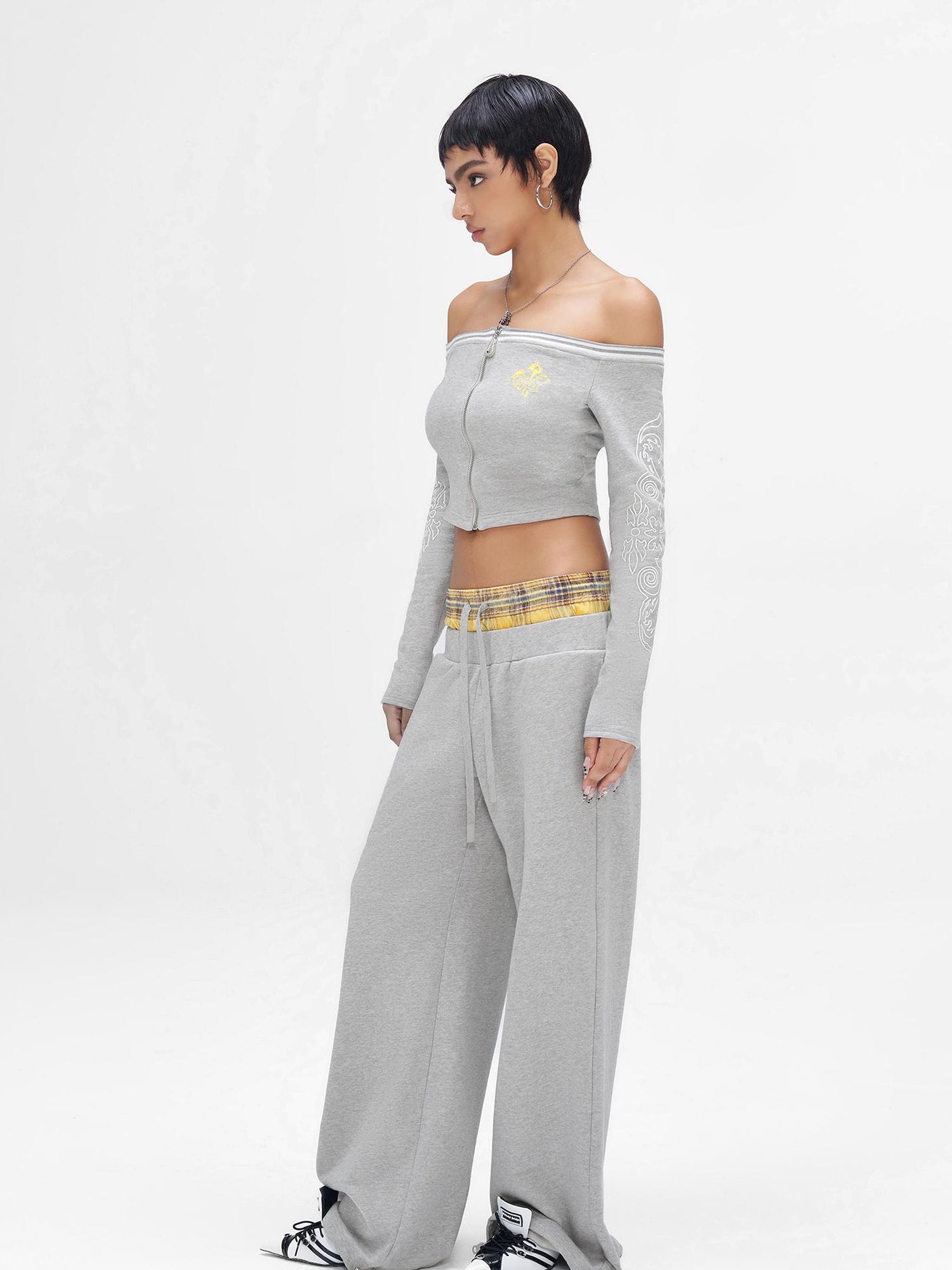 JYOSEI Gray Print Drop Shoulder Hoodie Sagging Jogger Set