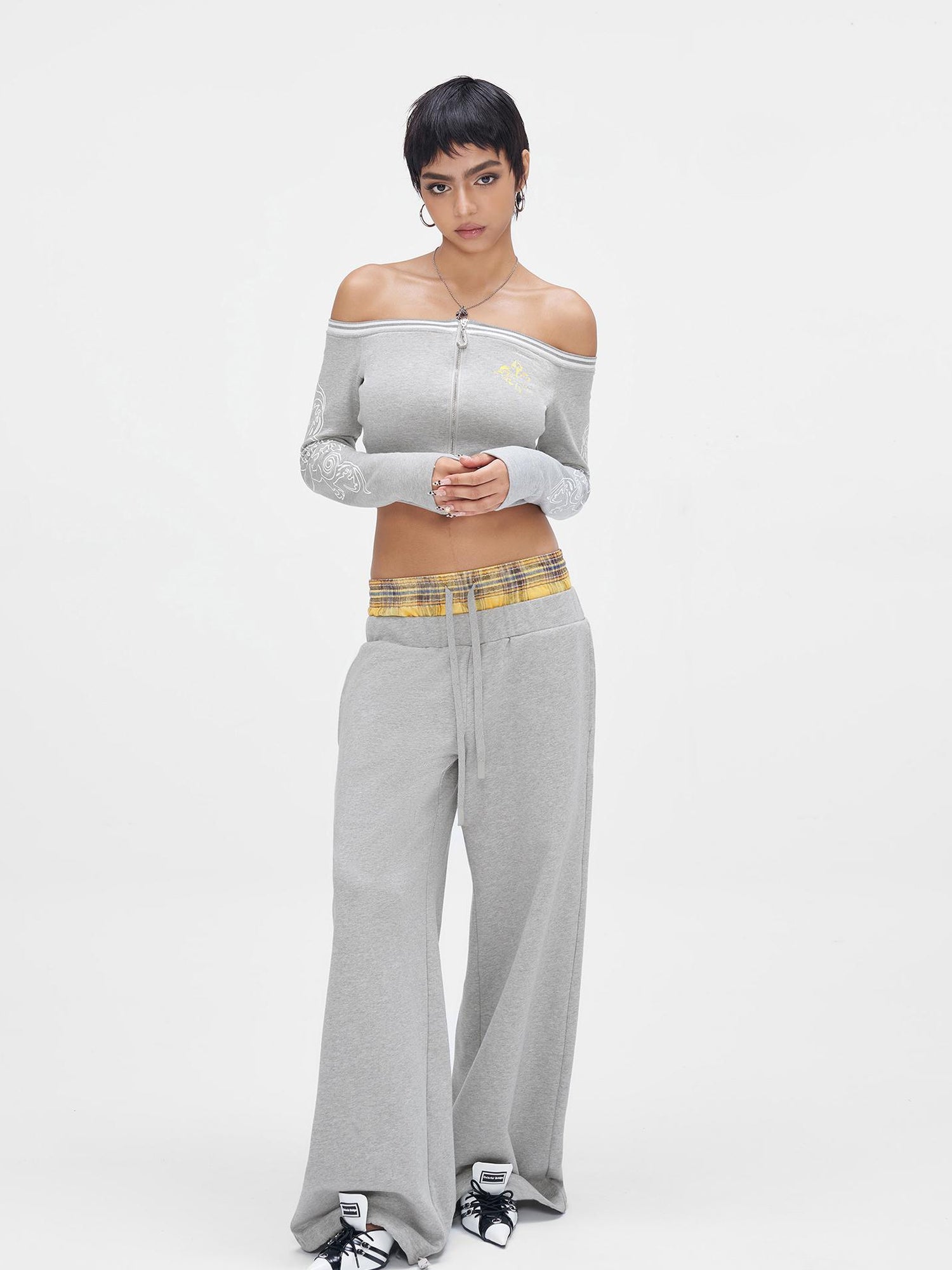 JYOSEI Gray Print Drop Shoulder Hoodie Sagging Jogger Set