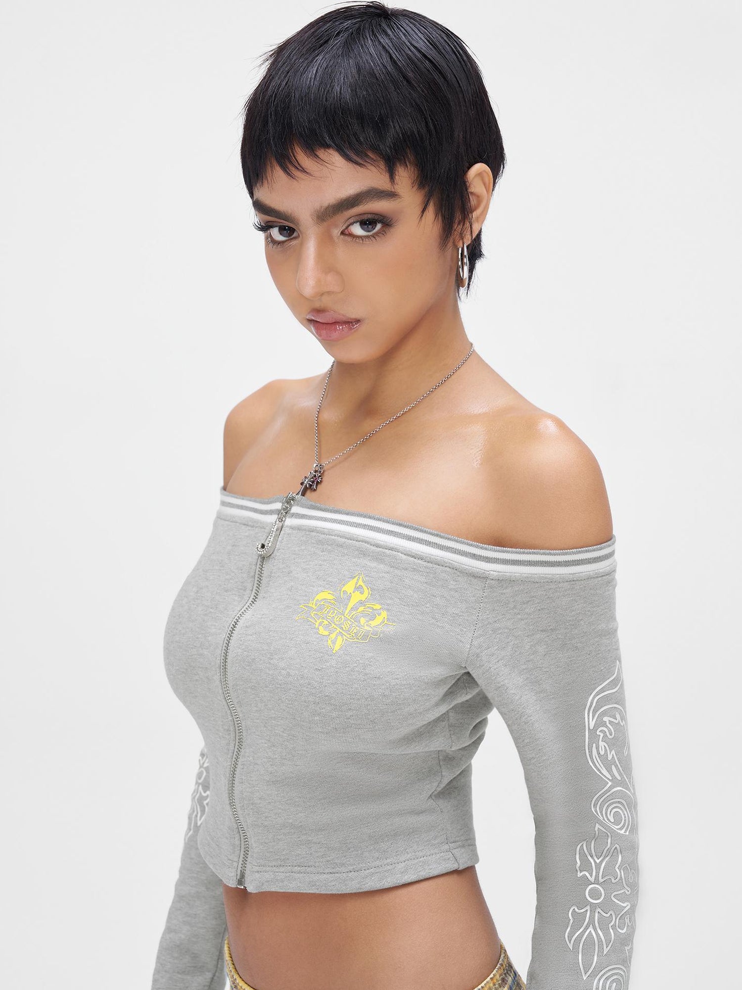 JYOSEI Gray Print Drop Shoulder Hoodie Sagging Jogger Set