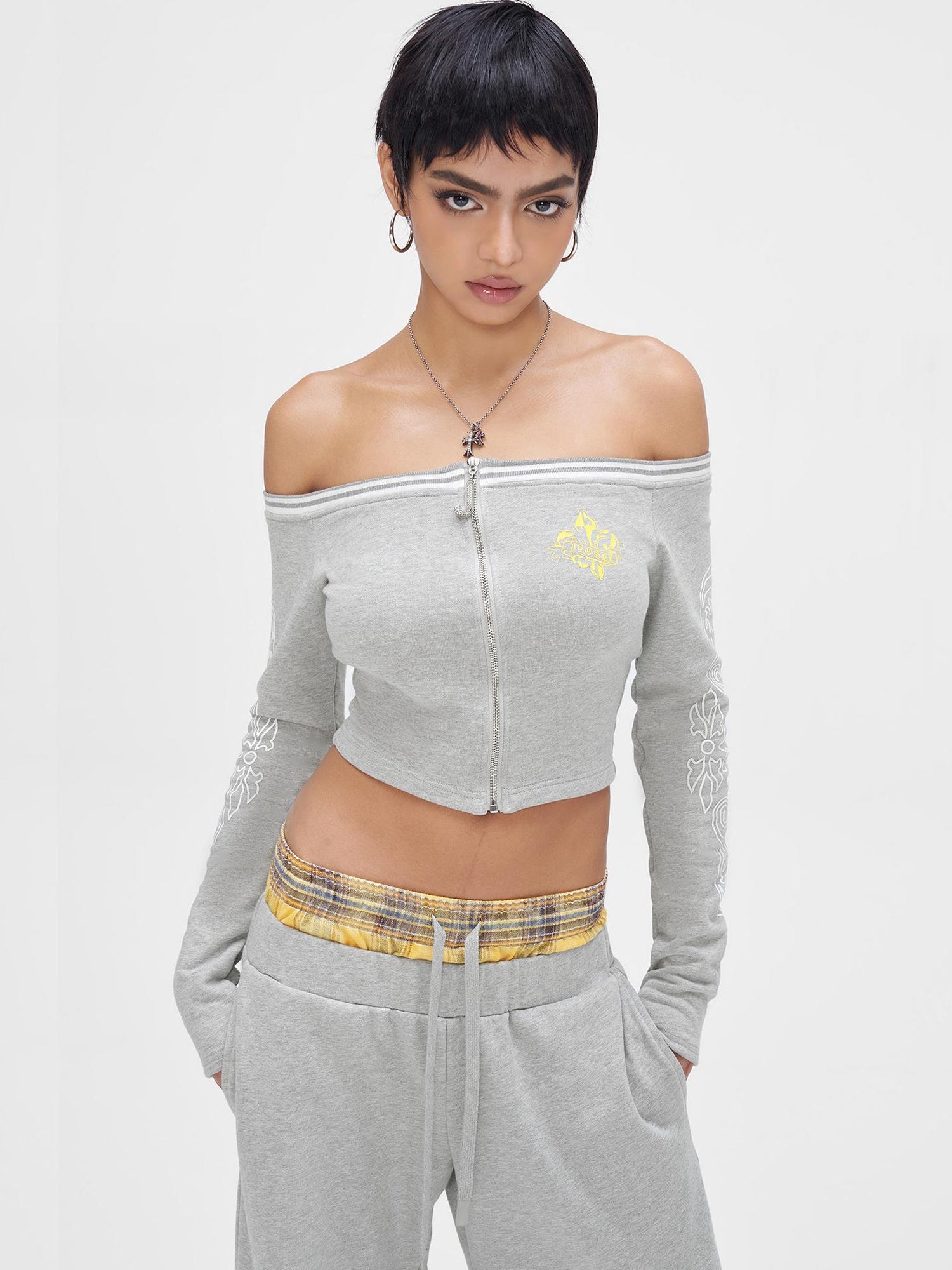 JYOSEI Gray Print Drop Shoulder Hoodie Sagging Jogger Set