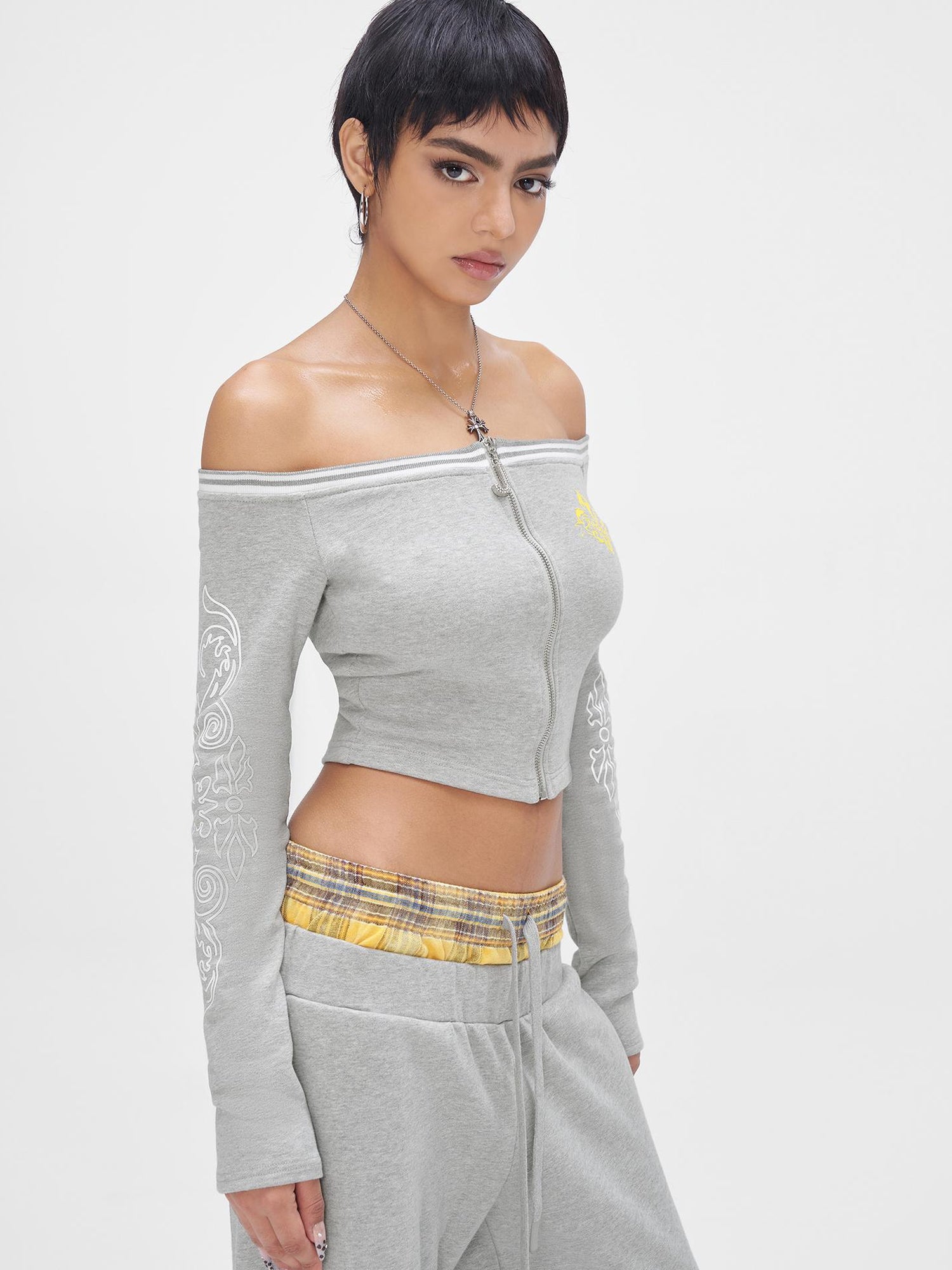 JYOSEI Gray Print Drop Shoulder Hoodie Sagging Jogger Set