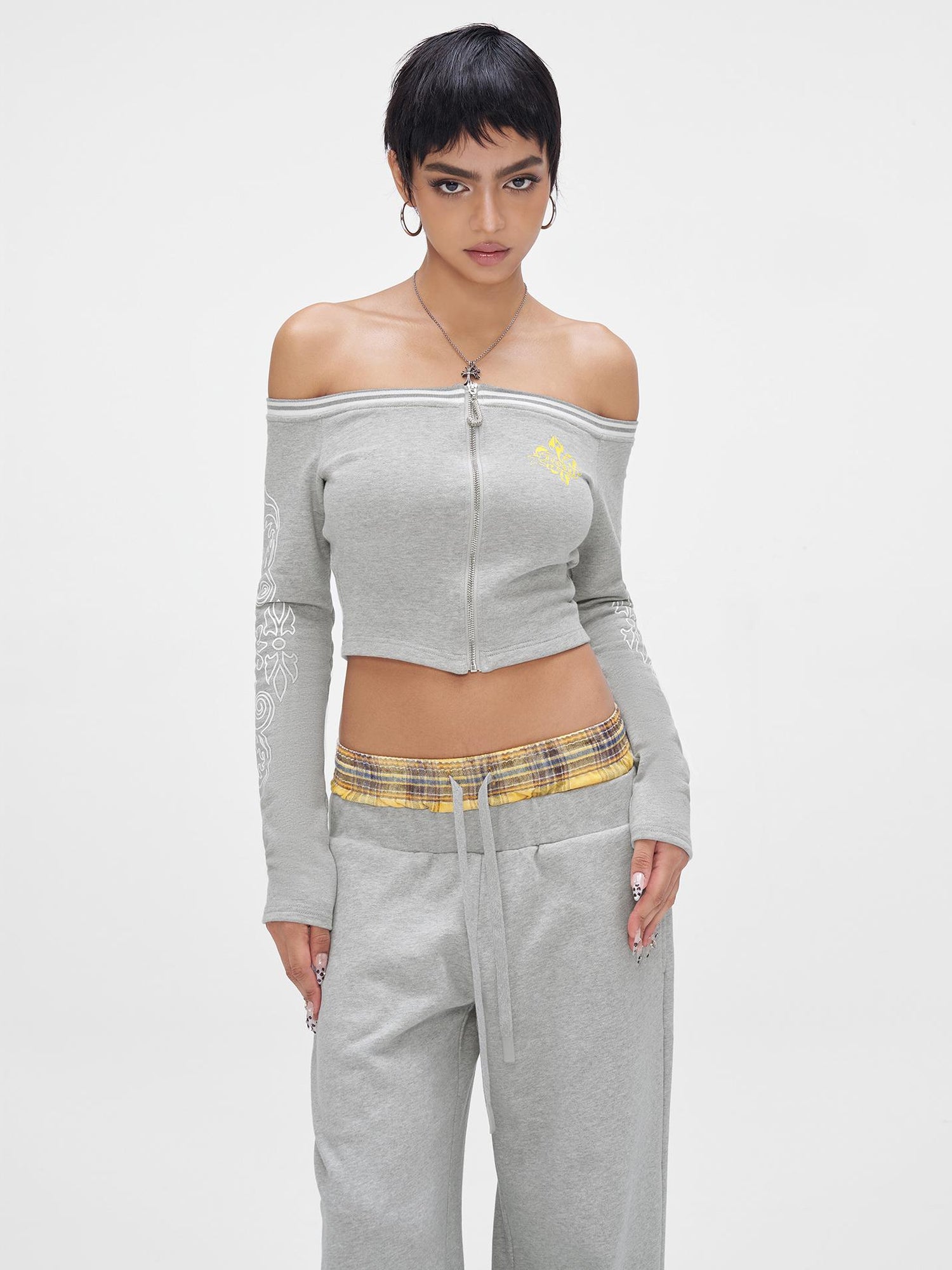 JYOSEI Gray Print Drop Shoulder Hoodie Sagging Jogger Set