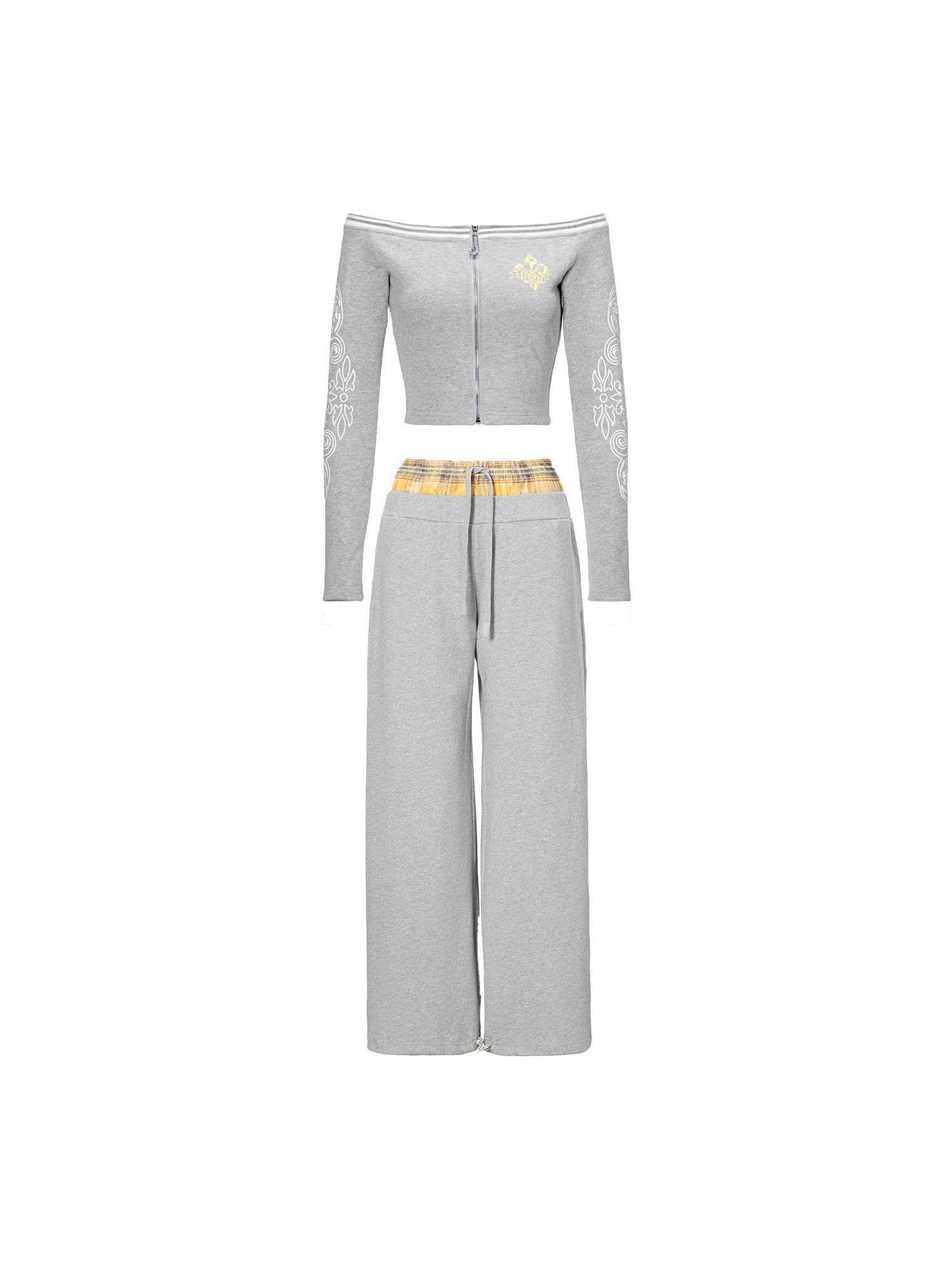 JYOSEI Gray Print Drop Shoulder Hoodie Sagging Jogger Set