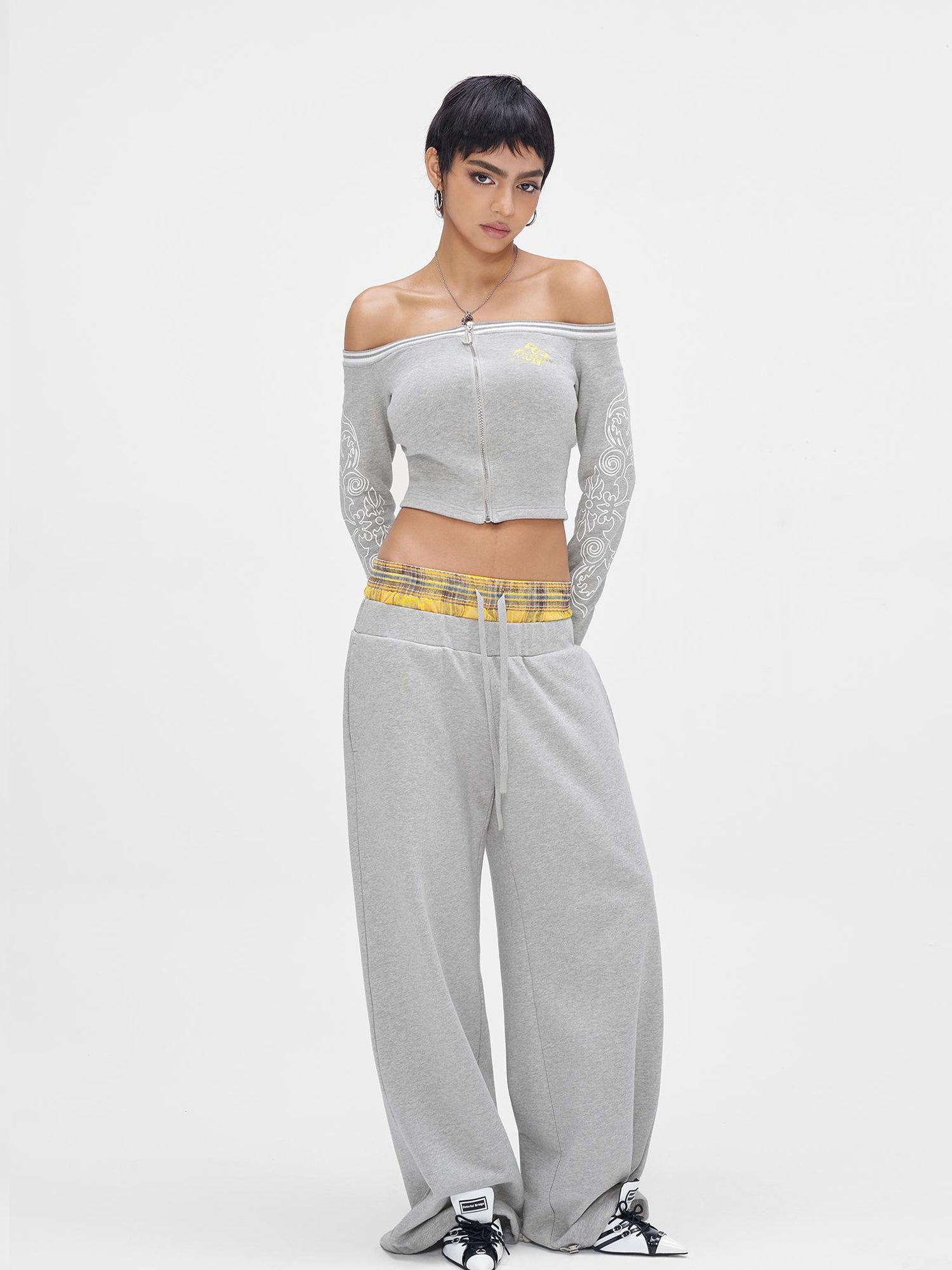 JYOSEI Gray Print Drop Shoulder Hoodie Sagging Jogger Set