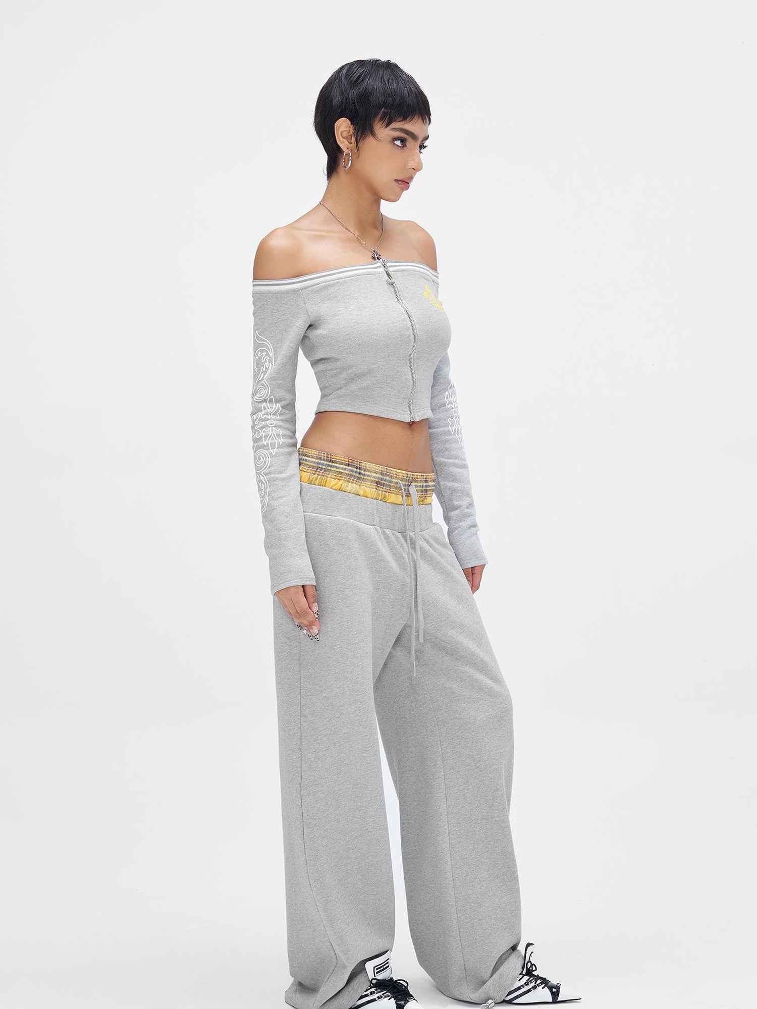 JYOSEI Gray Print Drop Shoulder Hoodie Sagging Jogger Set