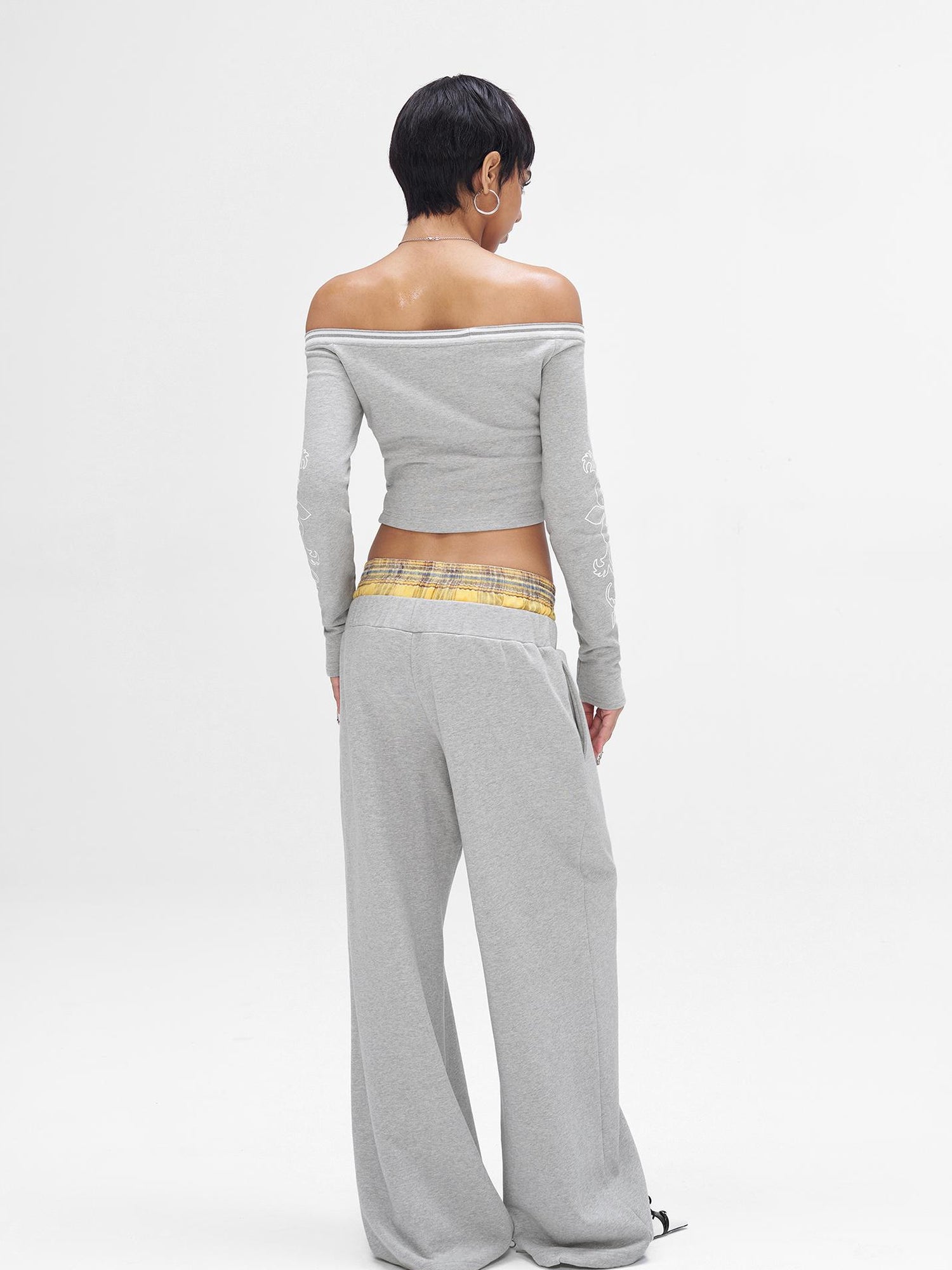 JYOSEI Gray Print Drop Shoulder Hoodie Sagging Jogger Set