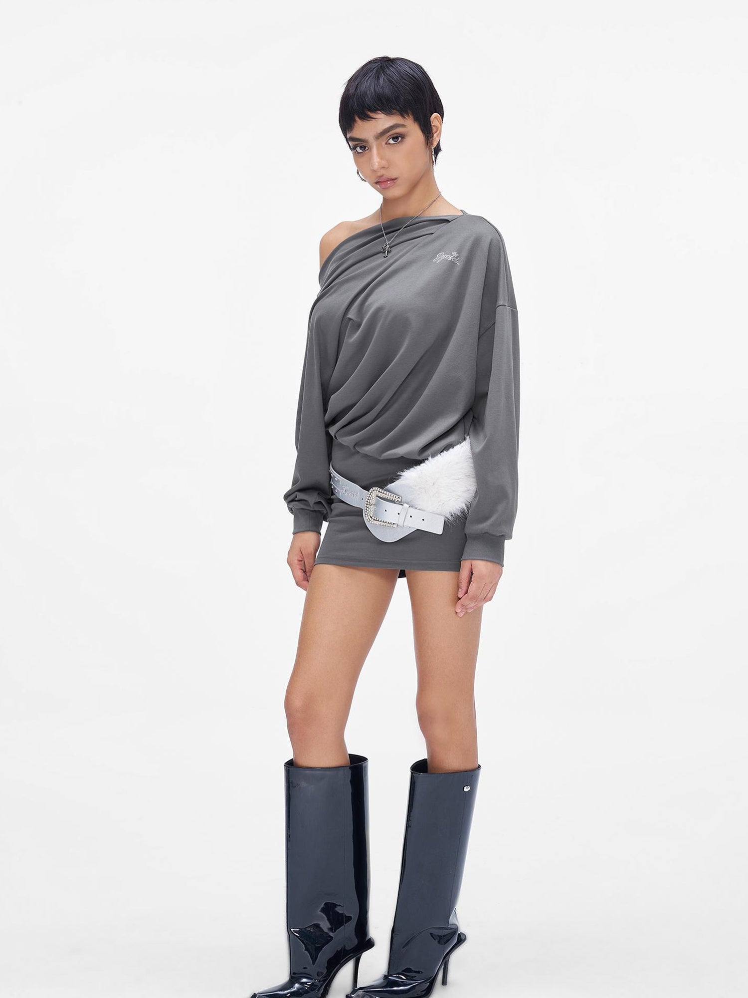 JYOSEI Grey Off Shoulder Draped Asymmetrical Slit Maxi Dress