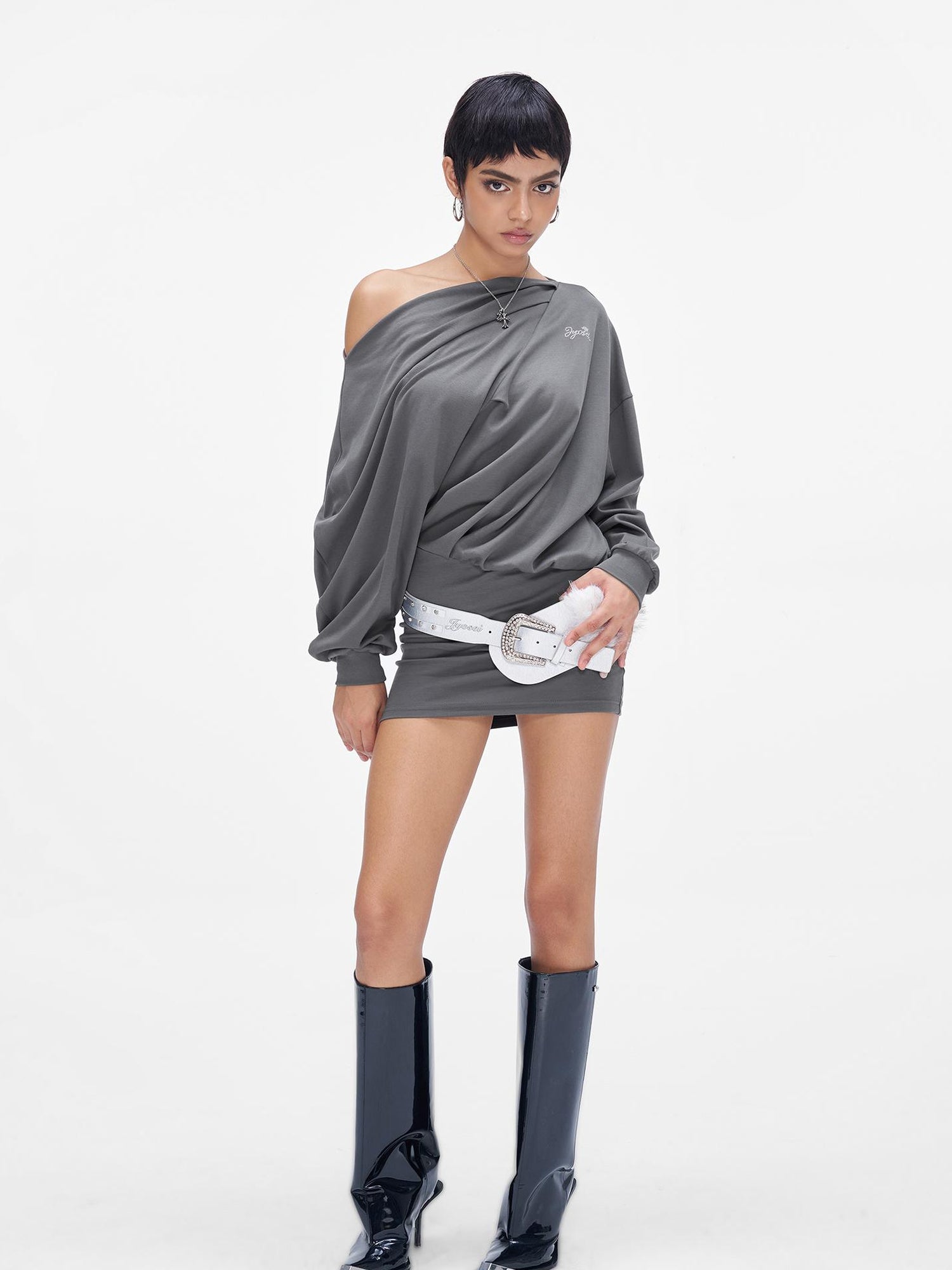 JYOSEI Grey Off Shoulder Draped Asymmetrical Slit Maxi Dress