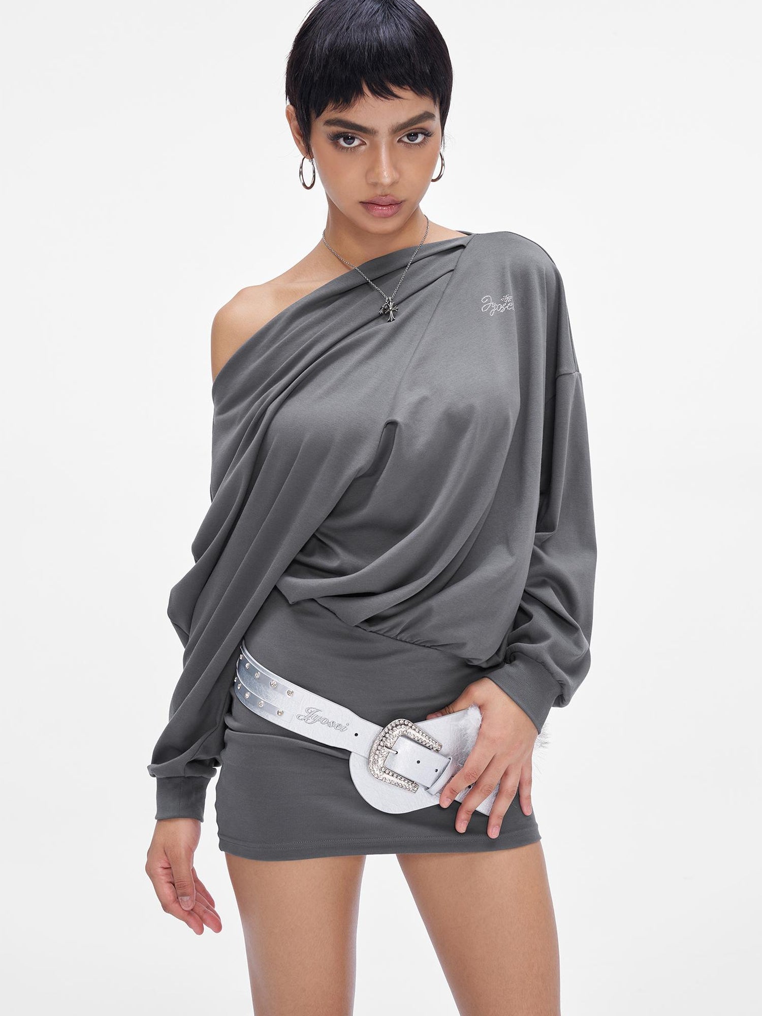 JYOSEI Grey Off Shoulder Draped Asymmetrical Slit Maxi Dress