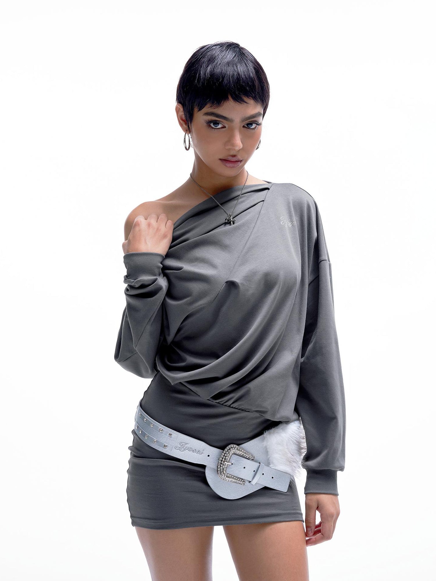 JYOSEI Grey Off Shoulder Draped Asymmetrical Slit Maxi Dress