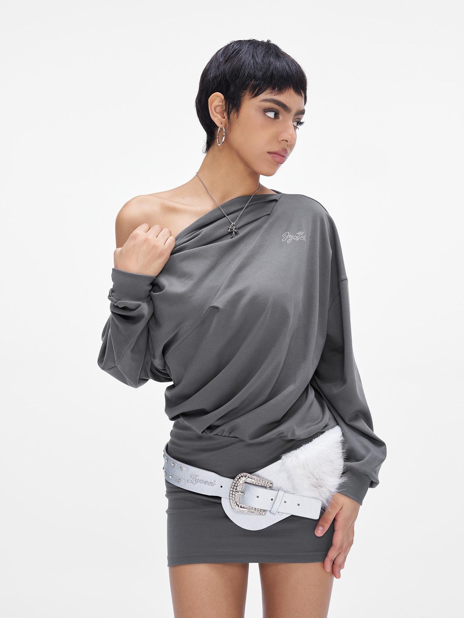 JYOSEI Grey Off Shoulder Draped Asymmetrical Slit Maxi Dress