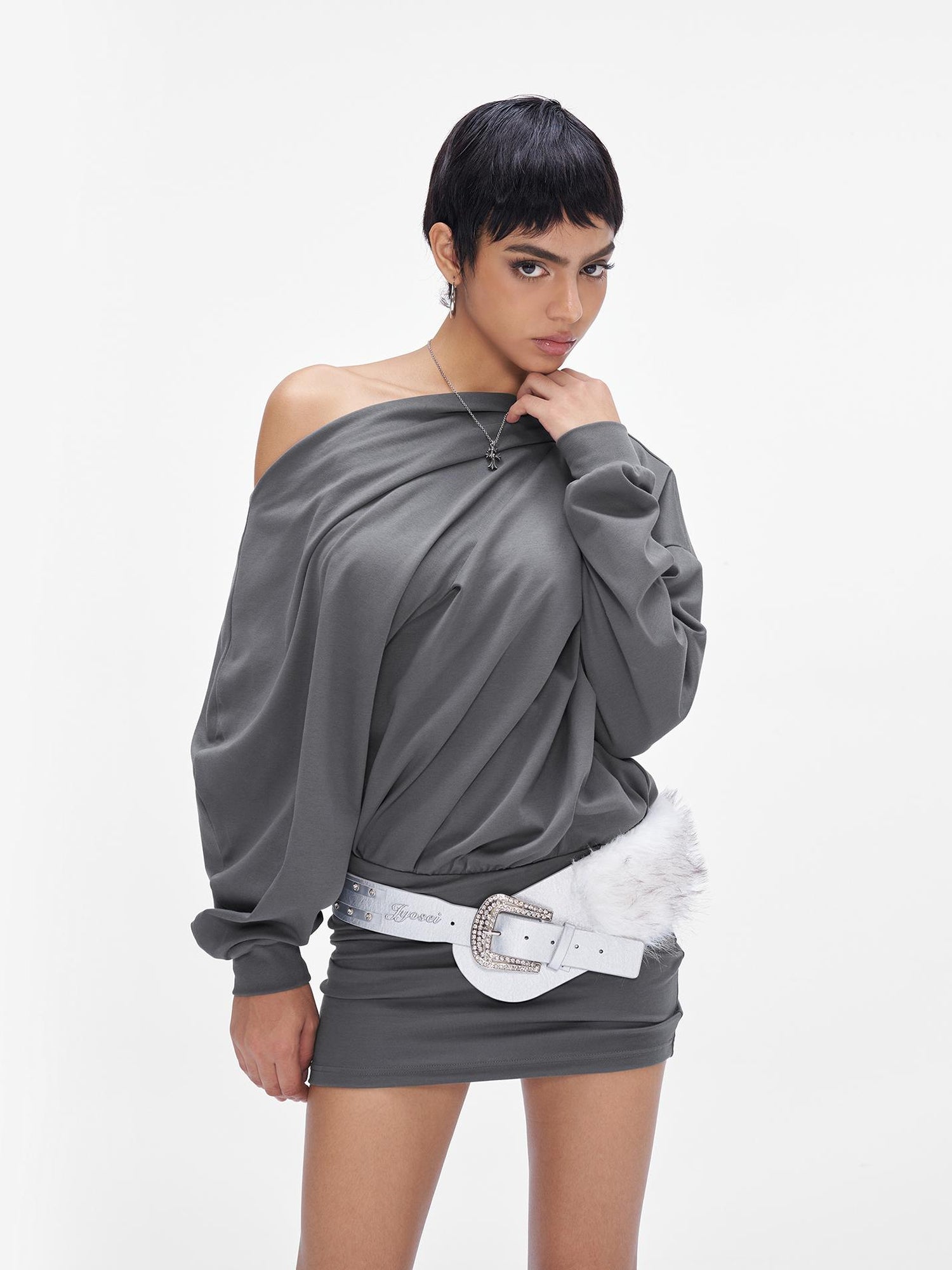 JYOSEI Grey Off Shoulder Draped Asymmetrical Slit Maxi Dress